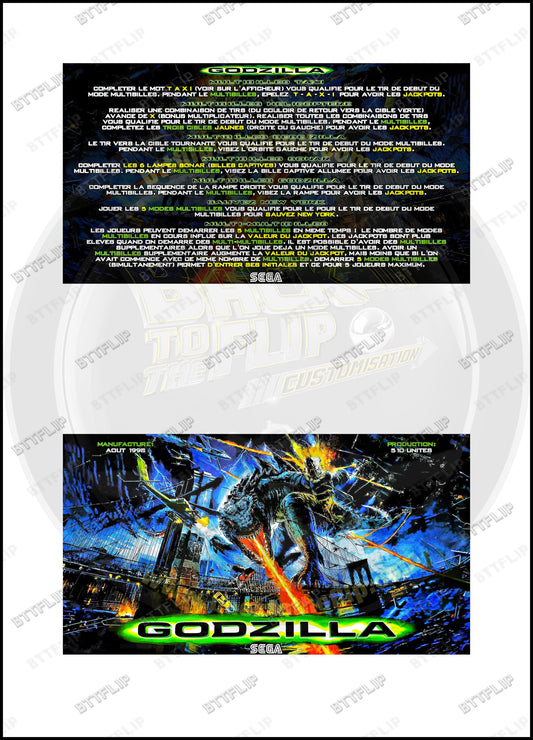 Cartes d'instructions custom apron flipper SEGA GODZILLA 1998 V2 (set de 2)