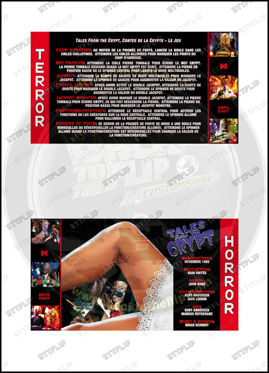 Cartes d'instructions custom apron flipper Data East Tales From The Crypt 1993 V3 (set de 2)