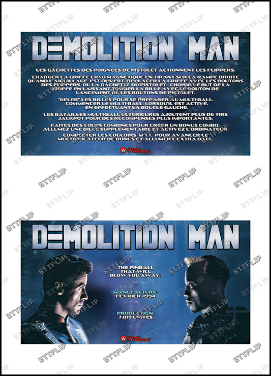 Williams Demolition Man 1994 Game Cards Rules Instructions Pinball Custom Apron V3