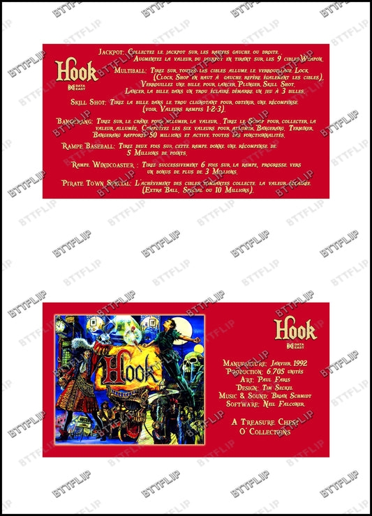 Data East Hook 1992 Juego Cartas reglas Instrucciones Pinball Custom Delantal V5