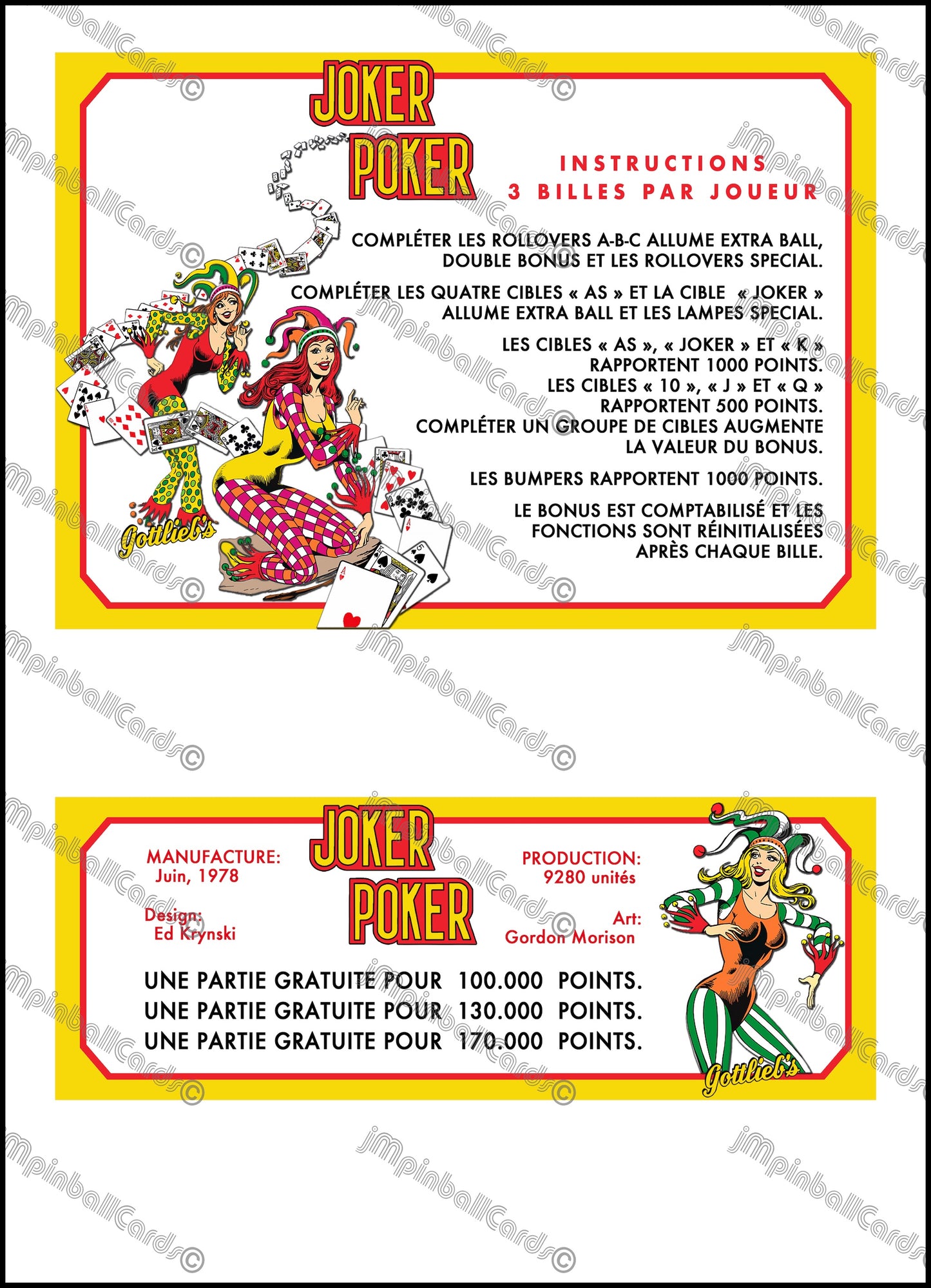 Gottlieb Joker Poker 1978 Jeu Cartes Instructions Flipper Custom Apron règles imprimées