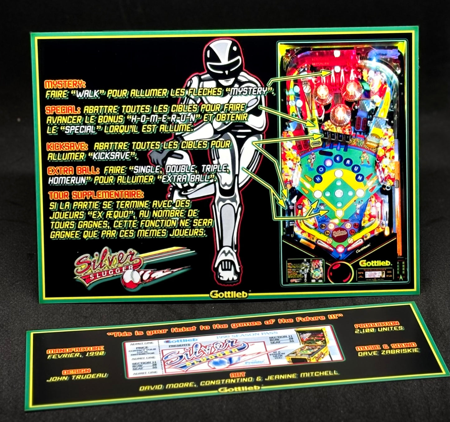 Gottlieb Silver Slugger 1990 Jeu Cartes Instructions Flipper Custom Apron règles imprimées