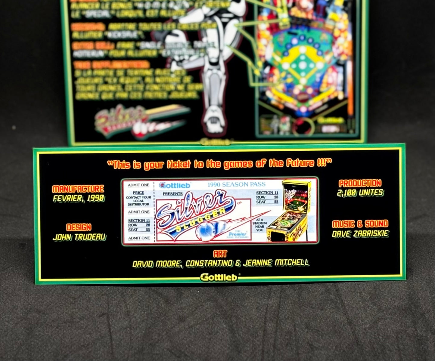 Gottlieb Silver Slugger 1990 Jeu Cartes Instructions Flipper Custom Apron règles imprimées