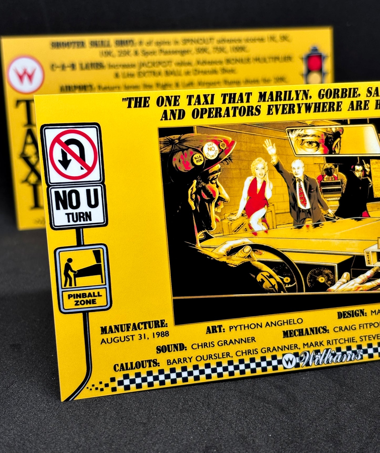 Instrucciones de las tarjetas del juego Williams Taxi 1988, delantal personalizado de pinball, reglas impresas