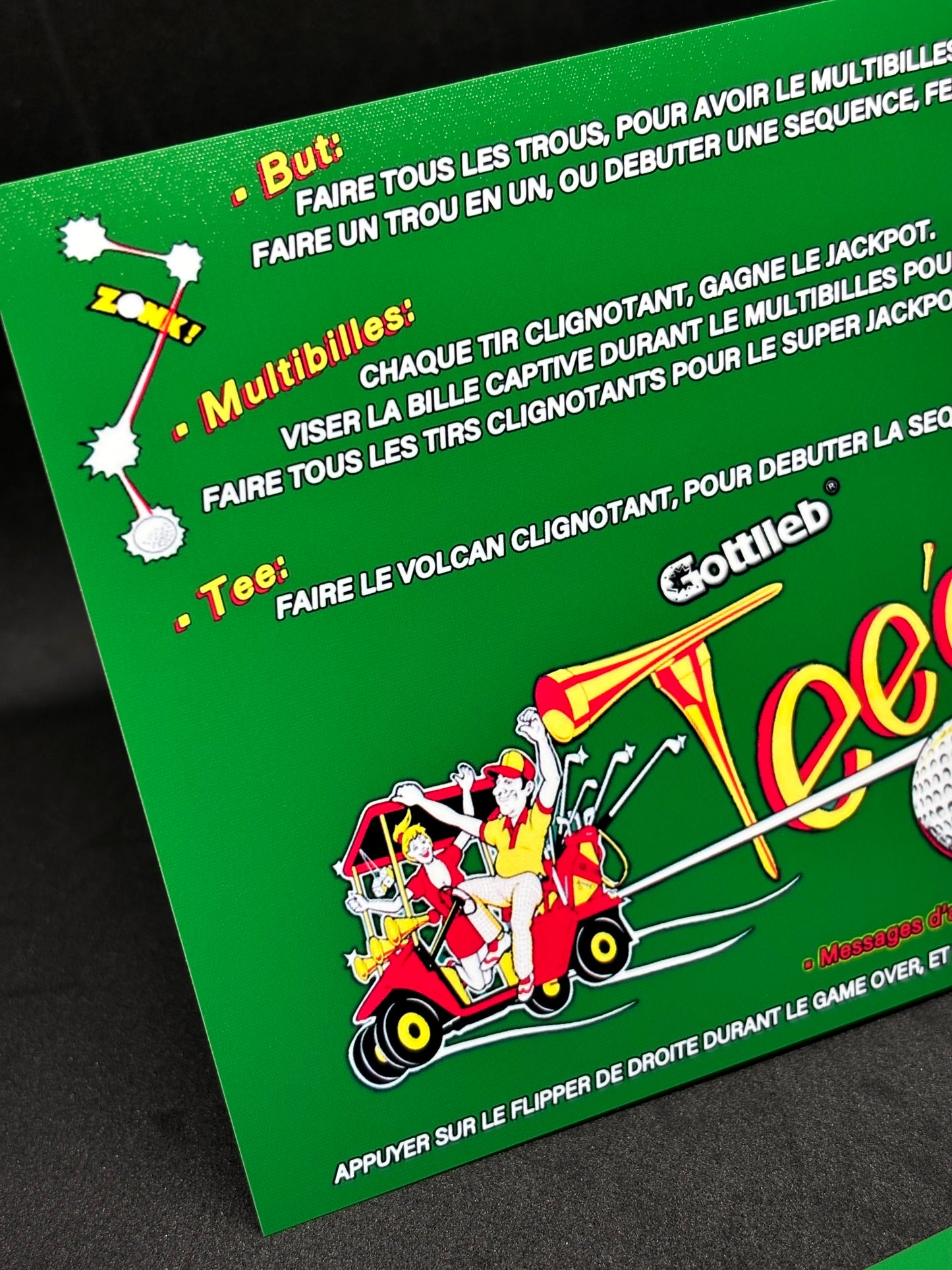 Instrucciones de las tarjetas de juego Gottlieb TEE'D OFF 1993 Pinball - Tarjetas de delantal de pinball con impresión personalizada