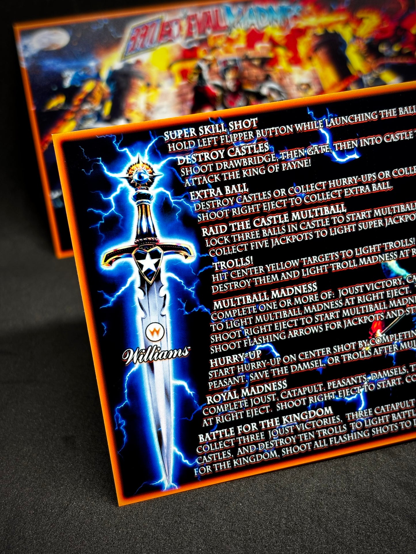 Instrucciones de las tarjetas del juego Williams Medieval Madness 1997, delantal personalizado de pinball, reglas impresas V2