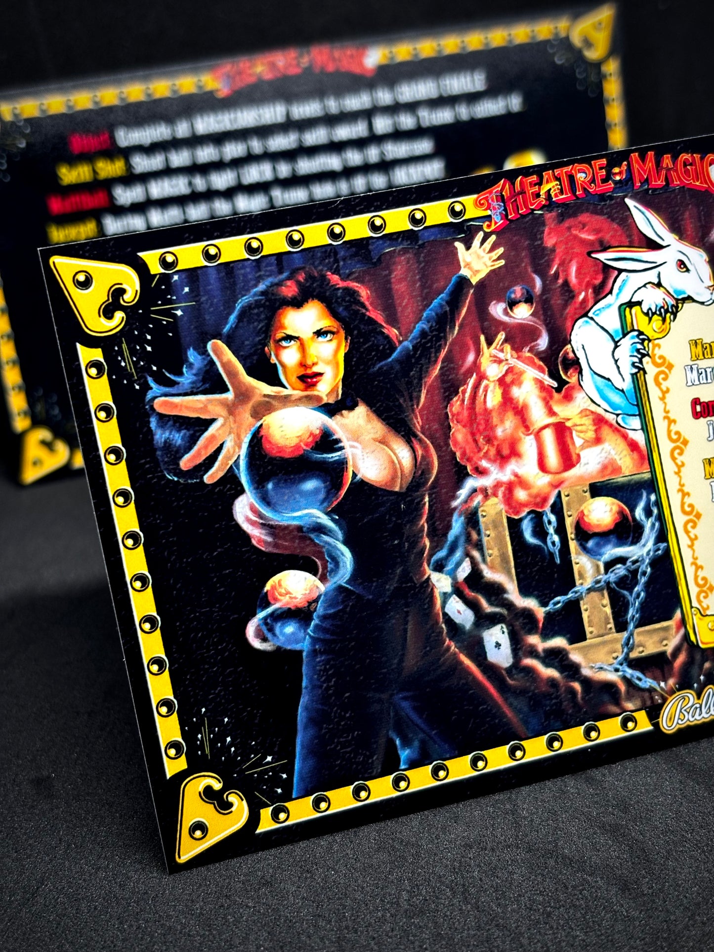 Instrucciones de las tarjetas del juego Bally Theatre of Magic de 1995, máquina de pinball, delantal personalizado, reglas impresas