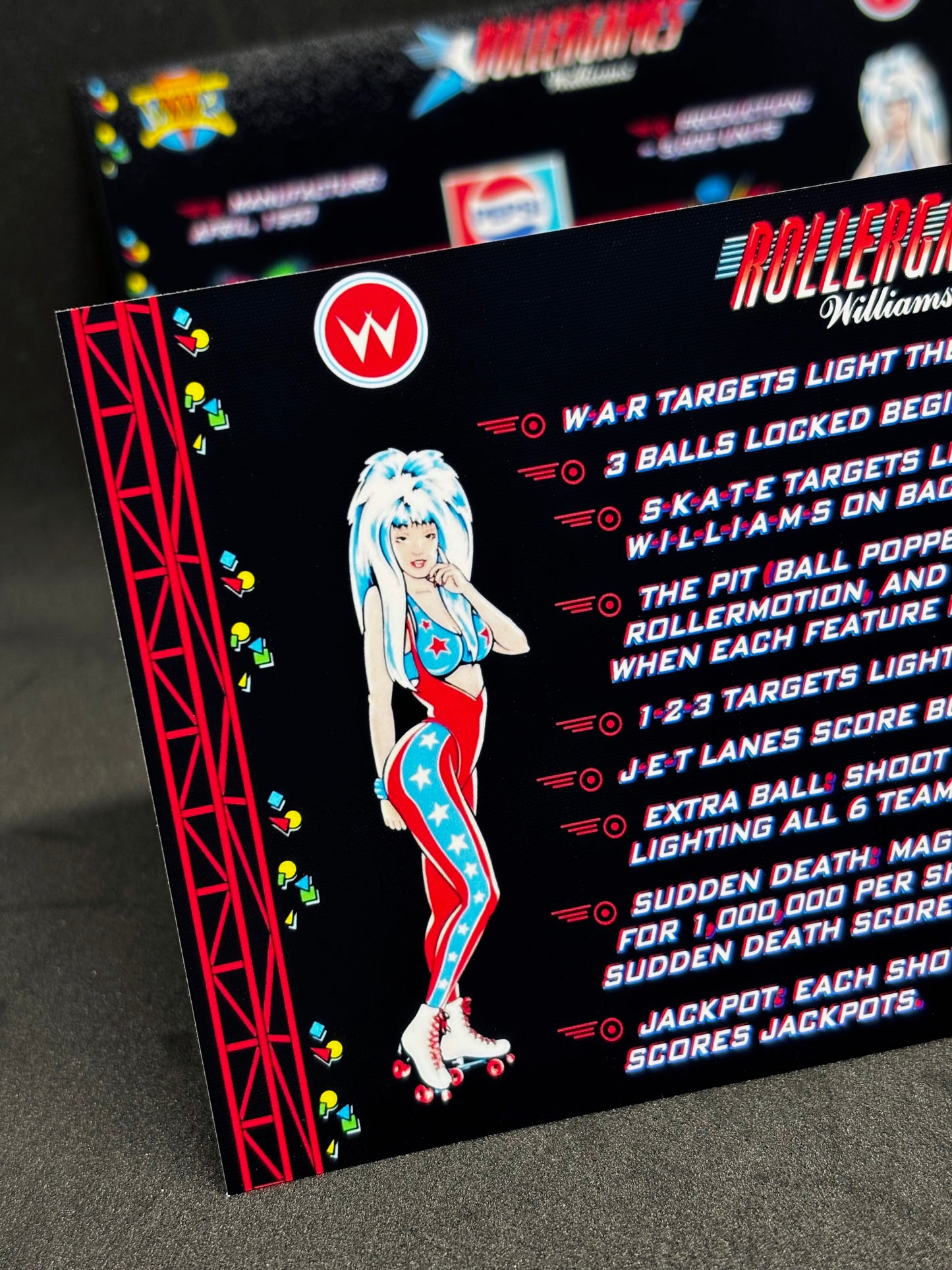 Williams Rollergames 1990 Jeu Cartes Instructions Flipper Custom Apron règles imprimées