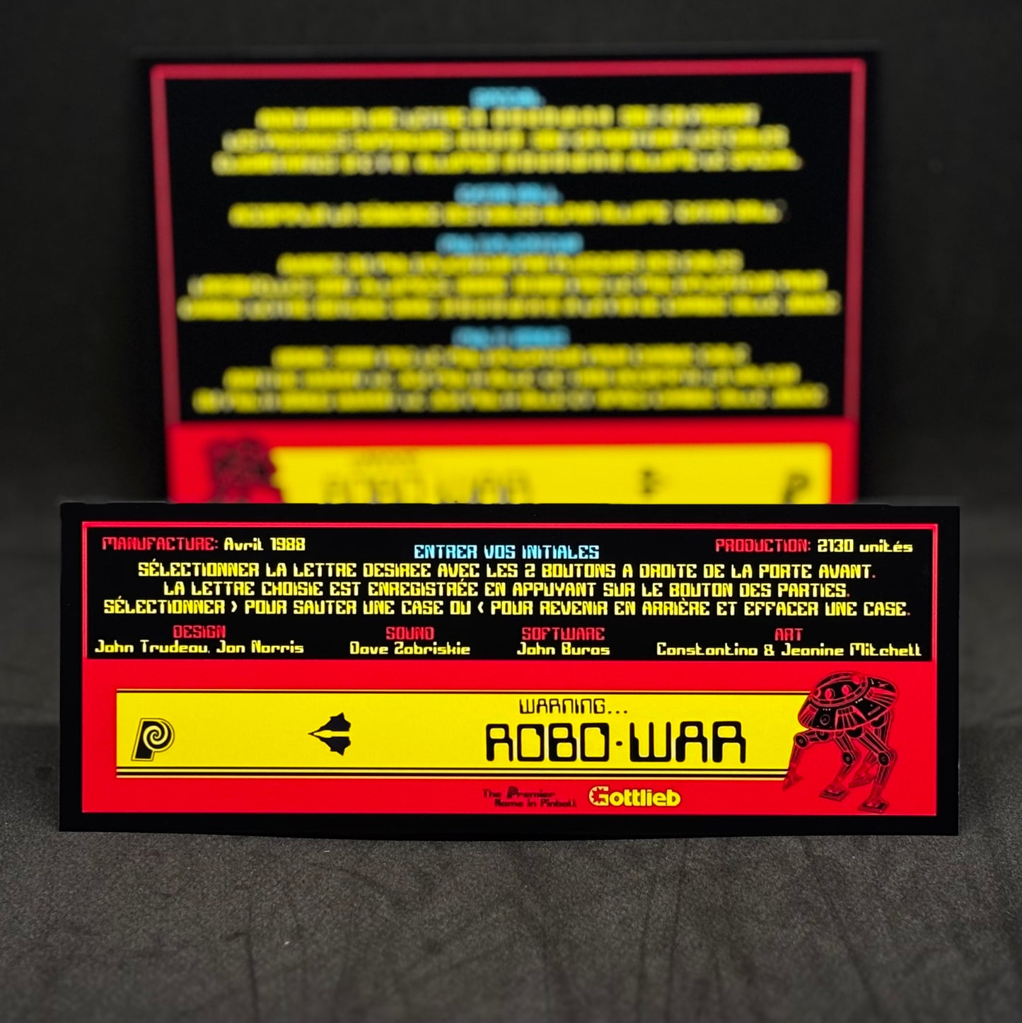 Gottlieb Robo-war 1988 Jeu Cartes Instructions Flipper Custom Apron règles imprimées Robowar