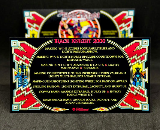 Williams Black Knight 2000 1989 Jeu Cartes Instructions Flipper Custom Apron règles imprimées
