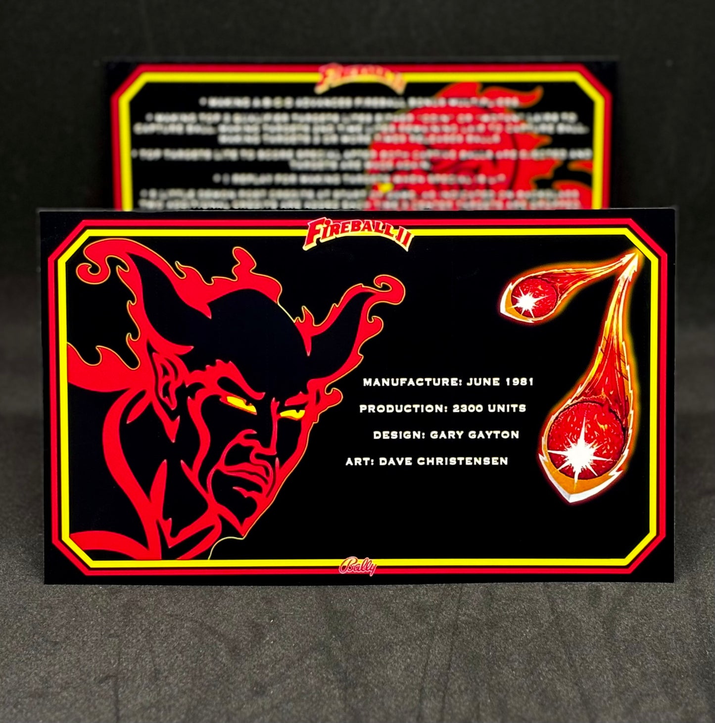 Bally Fireball II 1981 Jeu Cartes Instructions Flipper Custom Apron règles imprimées