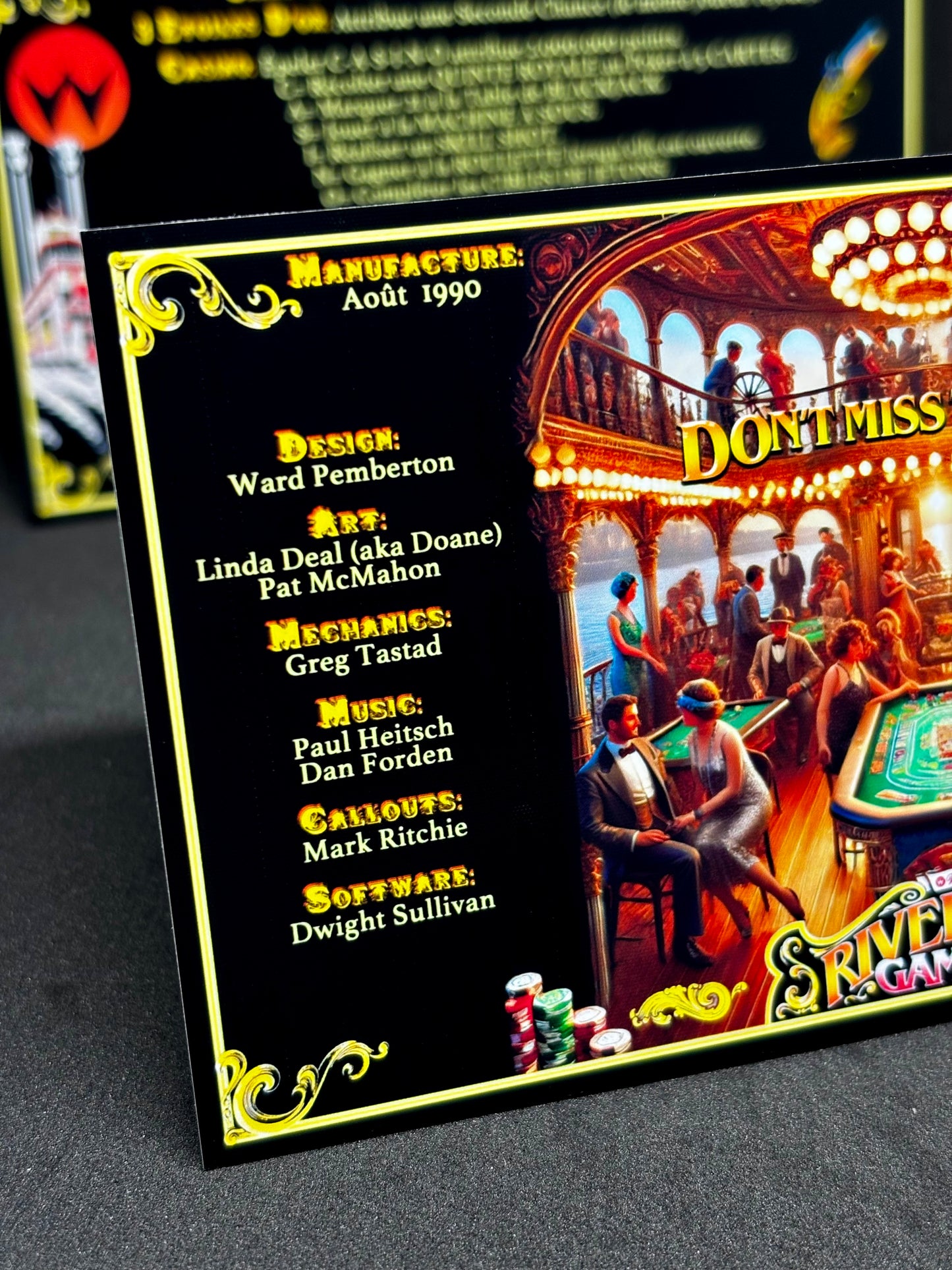 Instrucciones de las tarjetas del juego Williams Riverboat Gambler de 1990, máquina de pinball, delantal personalizado, reglas impresas (versión 2)