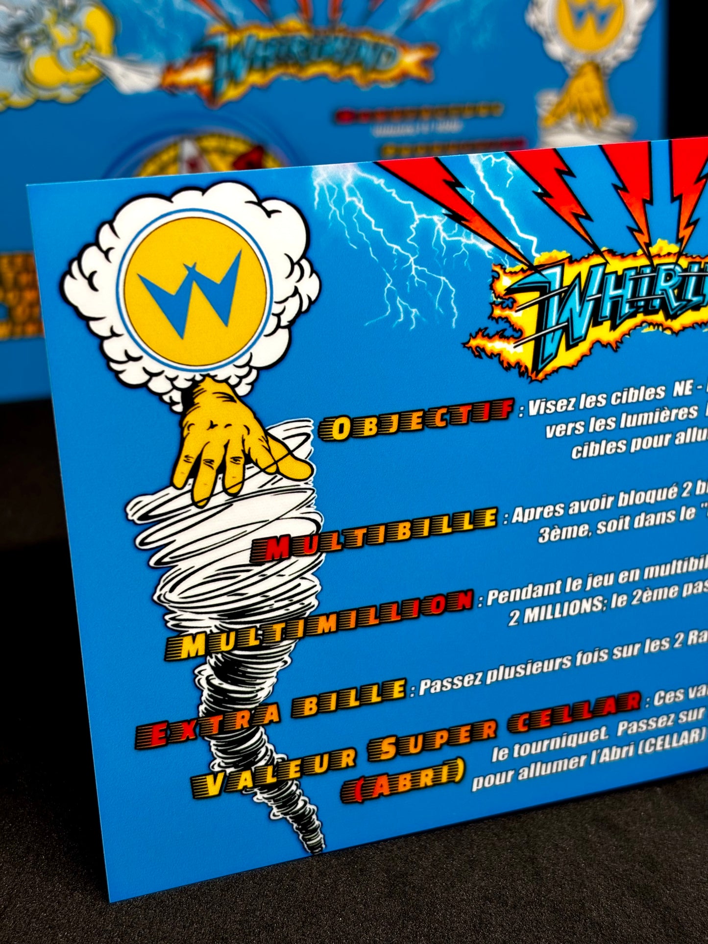 Instrucciones de las tarjetas del juego Williams Whirlwind 1990, máquina de pinball, delantal personalizado, reglas impresas