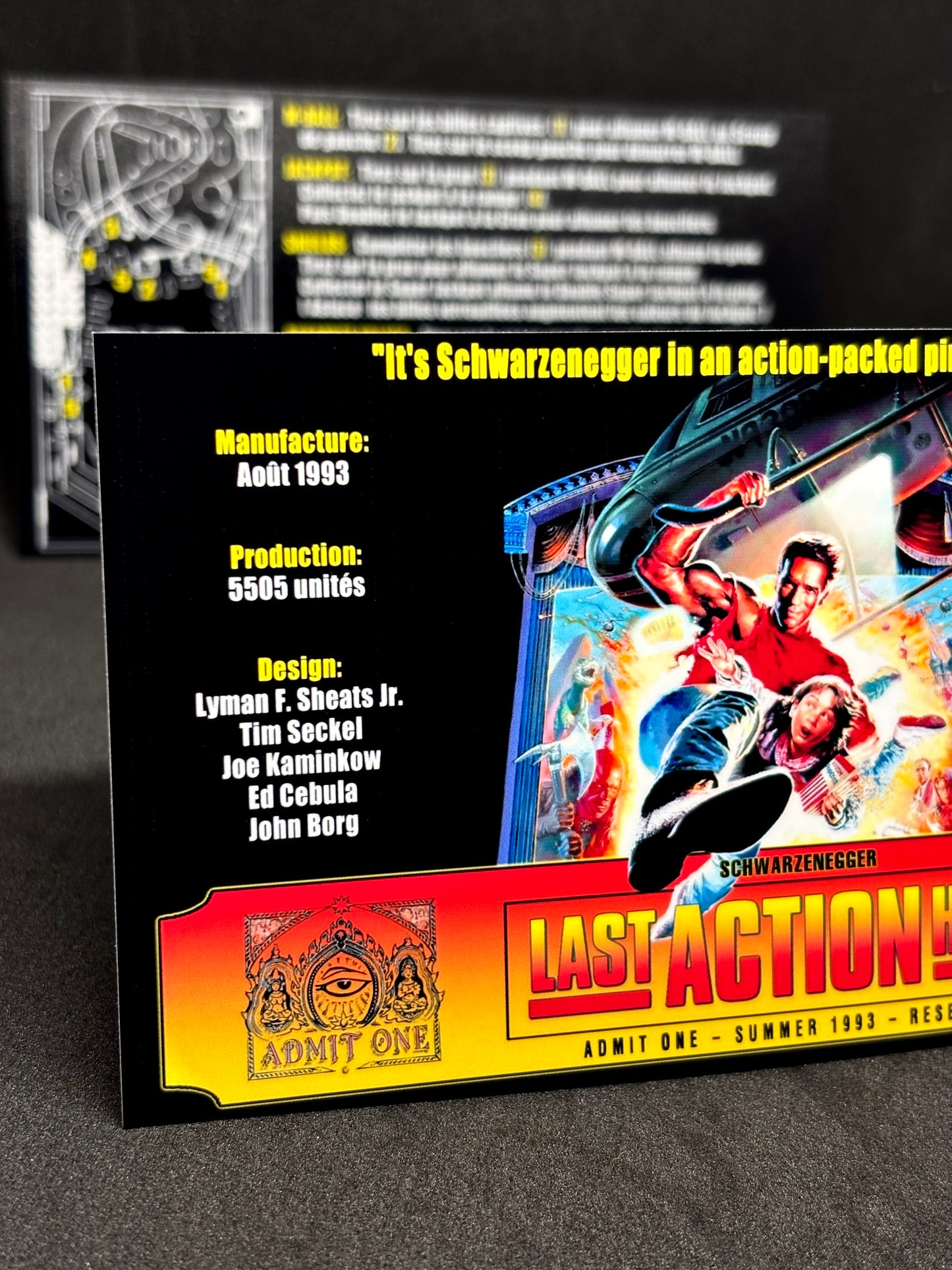 Data East Last Action Hero 1993 Jeu Cartes Instructions Flipper Custom Apron règles imprimées V3