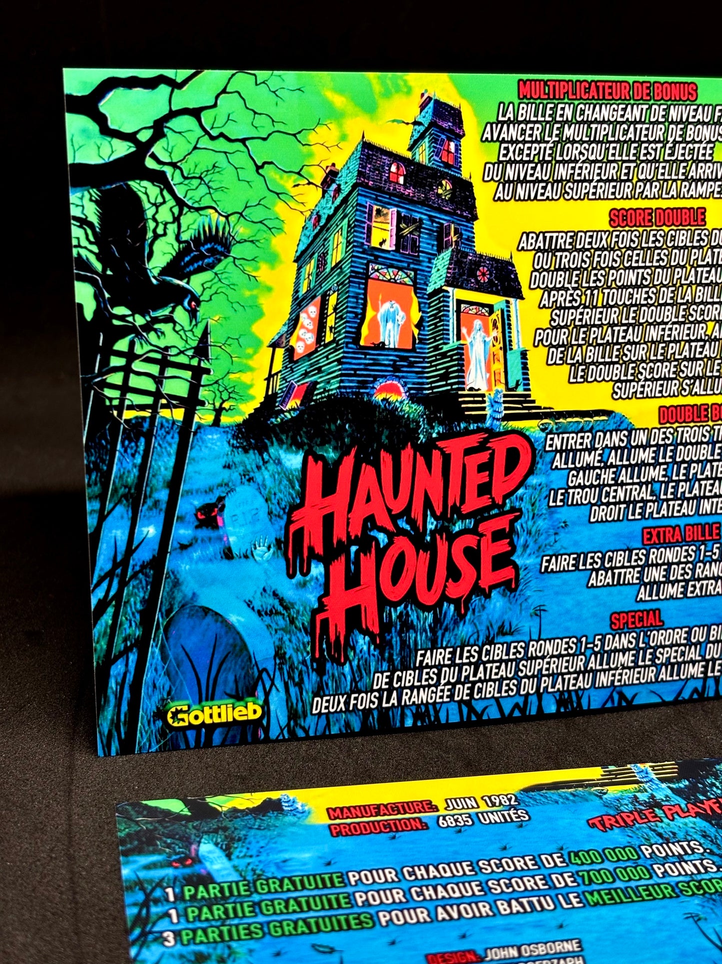 Instrucciones de las tarjetas del juego Gottlieb Haunted House 1982, versión 1 de pinball, tarjetas de delantal de pinball con impresión personalizada