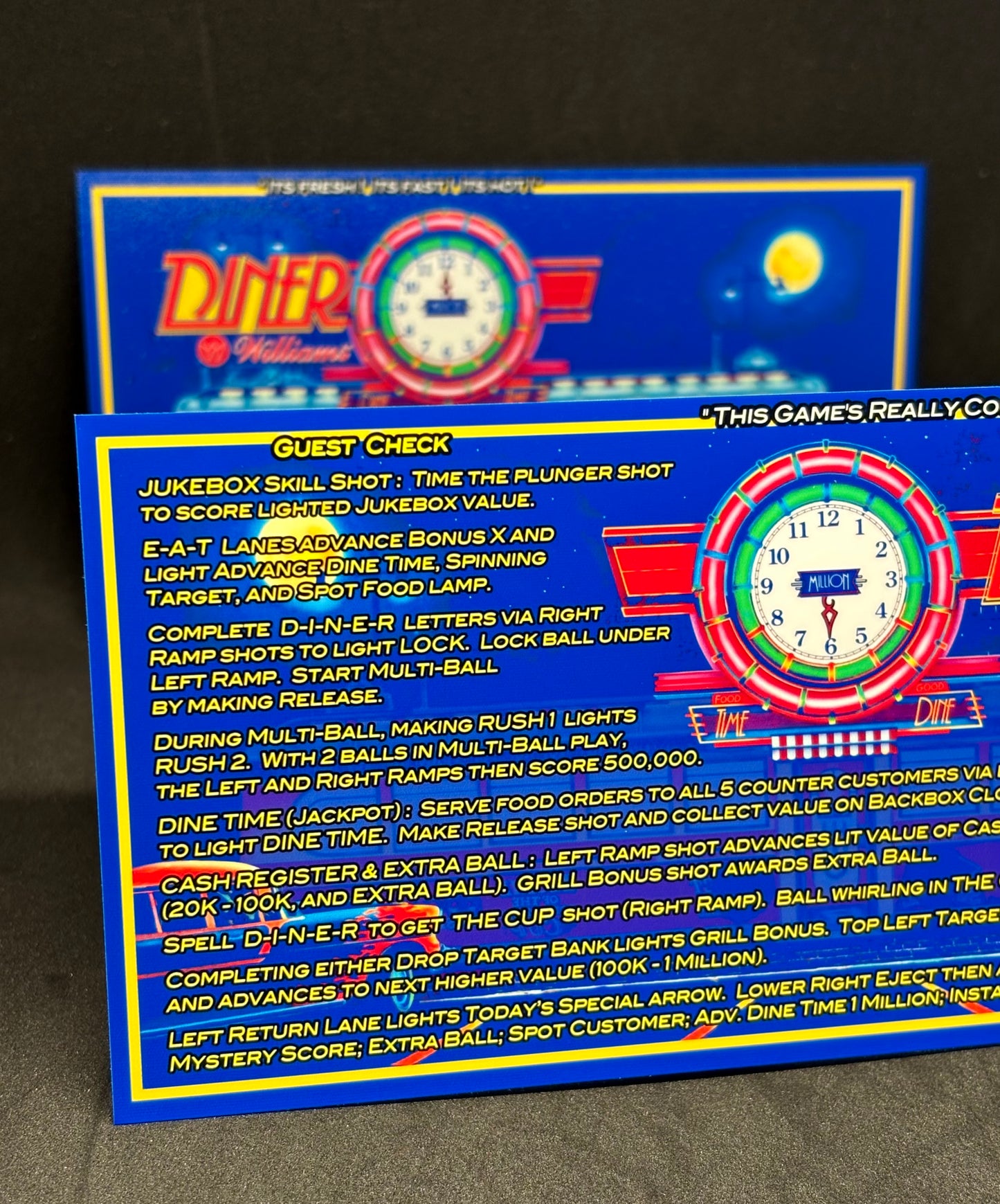 Instrucciones de las tarjetas del juego Williams Diner 1990, delantal personalizado de pinball, reglas impresas V1