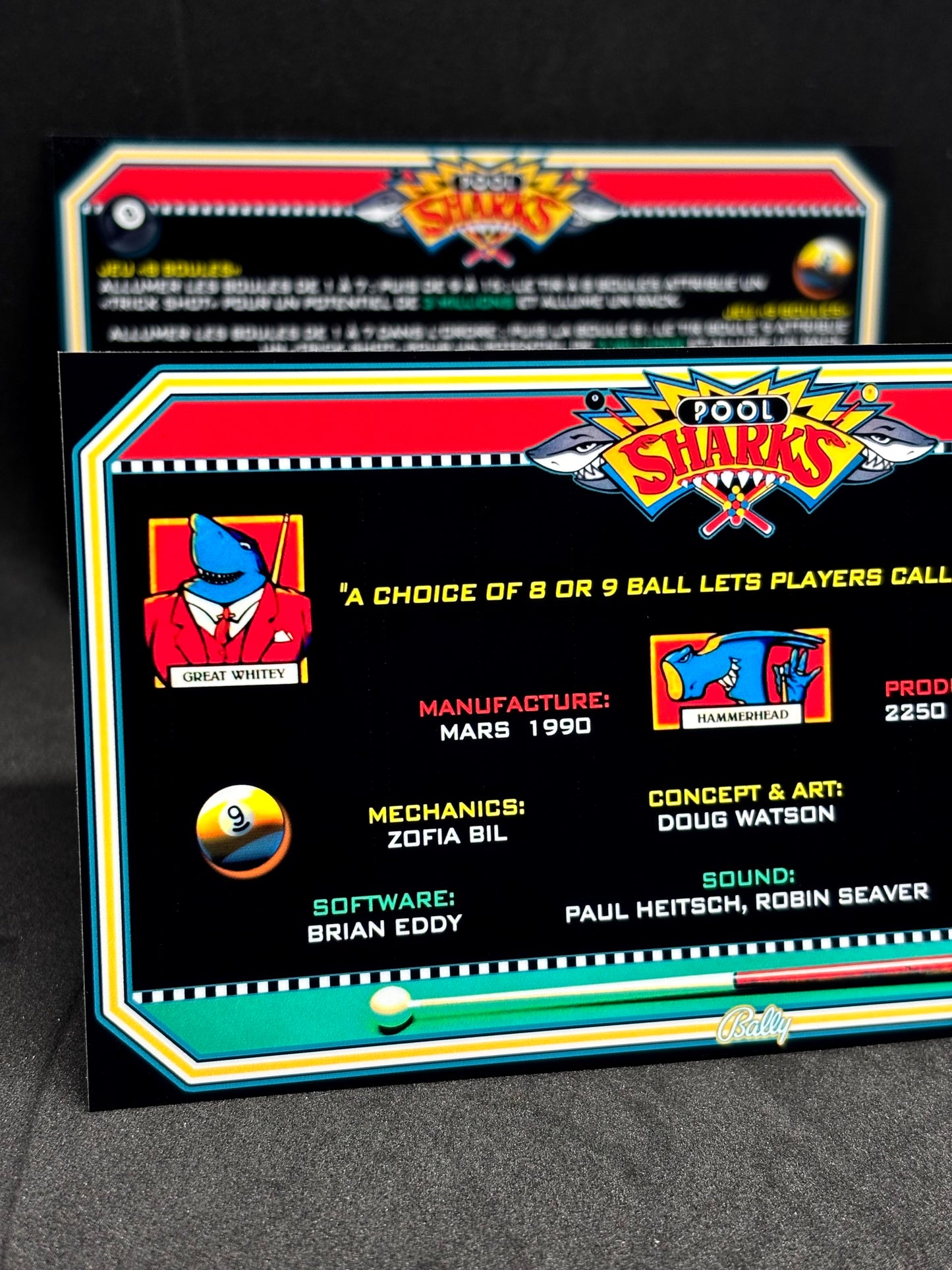 Bally POOL SHARKS 1990 Jeu Cartes Instructions Flipper Custom Apron règles imprimées