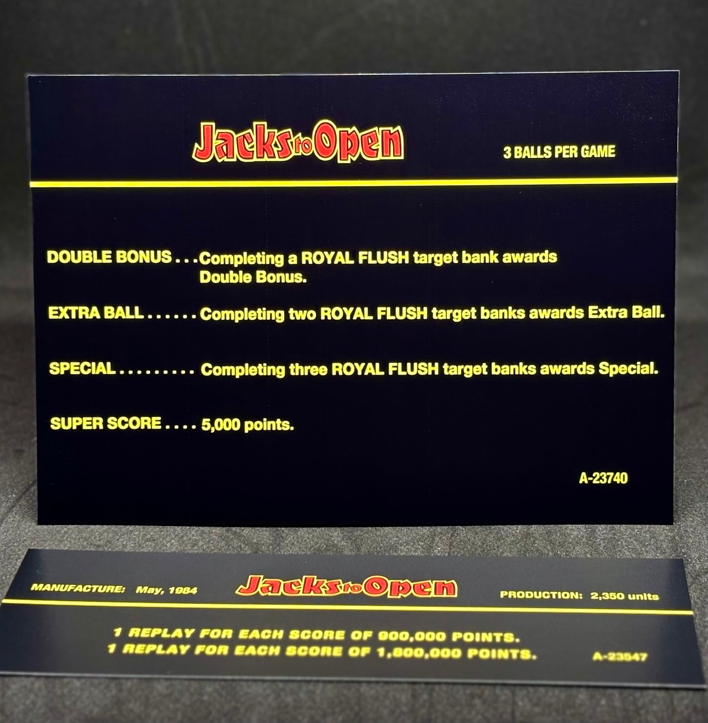 Gottlieb Jacks To Open 1984 Jeu Cartes Instructions Flipper Custom Apron règles imprimées