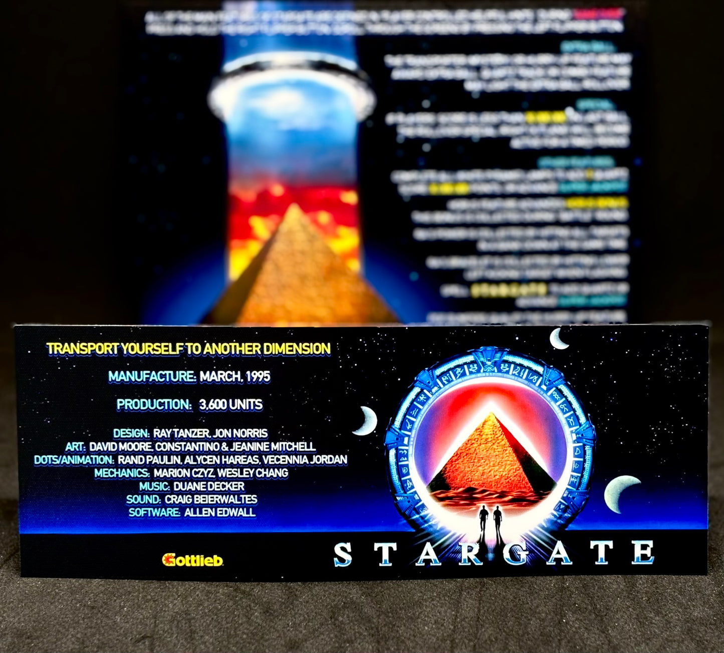 Instrucciones de las tarjetas del juego Gottlieb Stargate 1995, versión Pinball 1, tarjetas de delantal de pinball con impresión personalizada