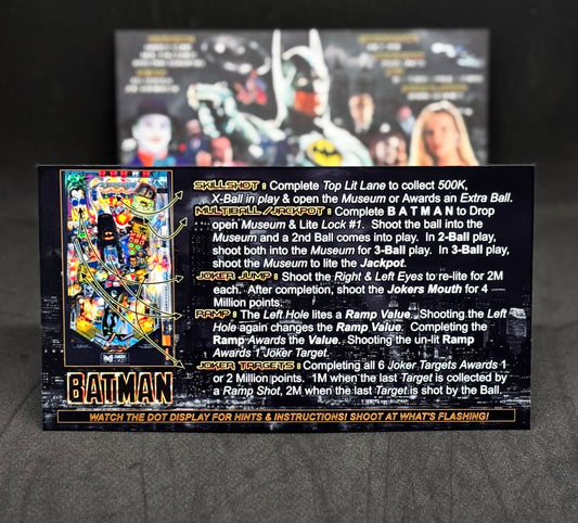 Instrucciones de las tarjetas del juego Batman 1991 de Data East, delantal personalizado de pinball, reglas impresas V3