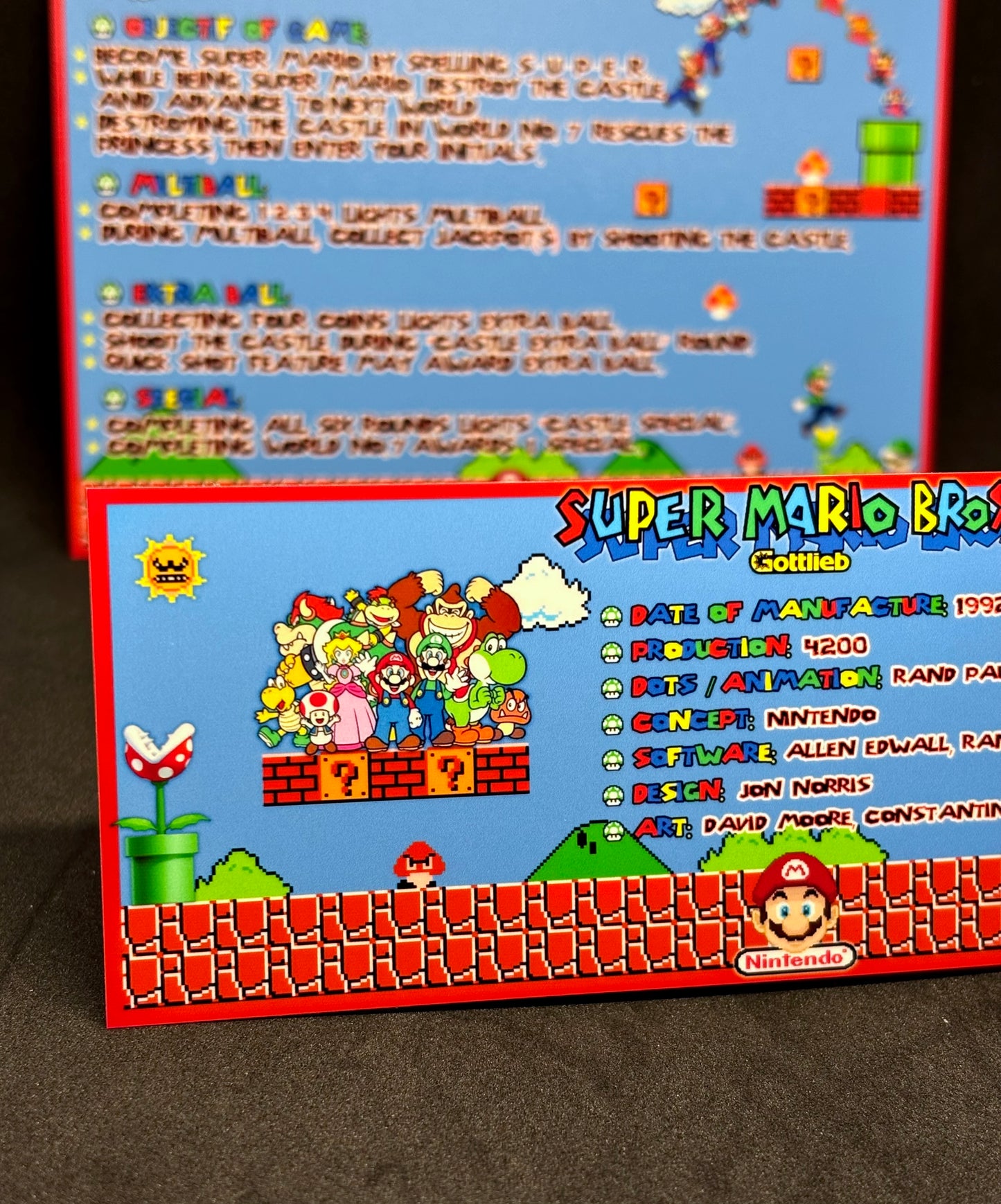 Instrucciones de las tarjetas de juego Gottlieb Super Mario Bros 1992 Pinball - Tarjetas de pinball personalizadas con impresión personalizada