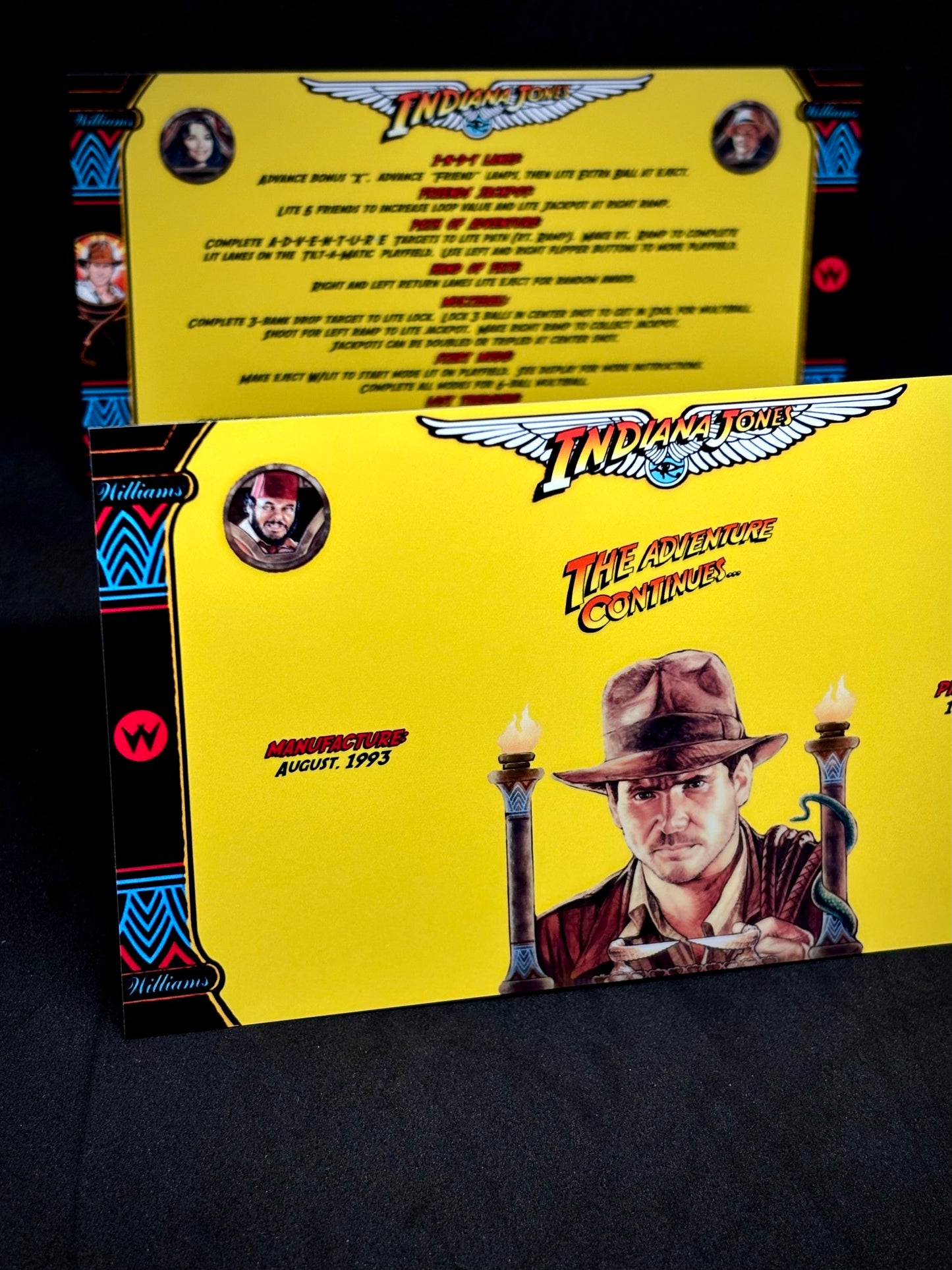 Instrucciones de las tarjetas del juego Williams Indiana Jones 1993, delantal personalizado de pinball, reglas impresas V4