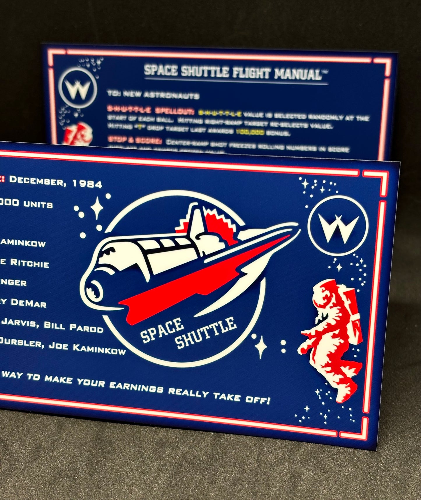 Instrucciones de las tarjetas del juego Williams Space Shuttle 1984, delantal personalizado de pinball, reglas impresas