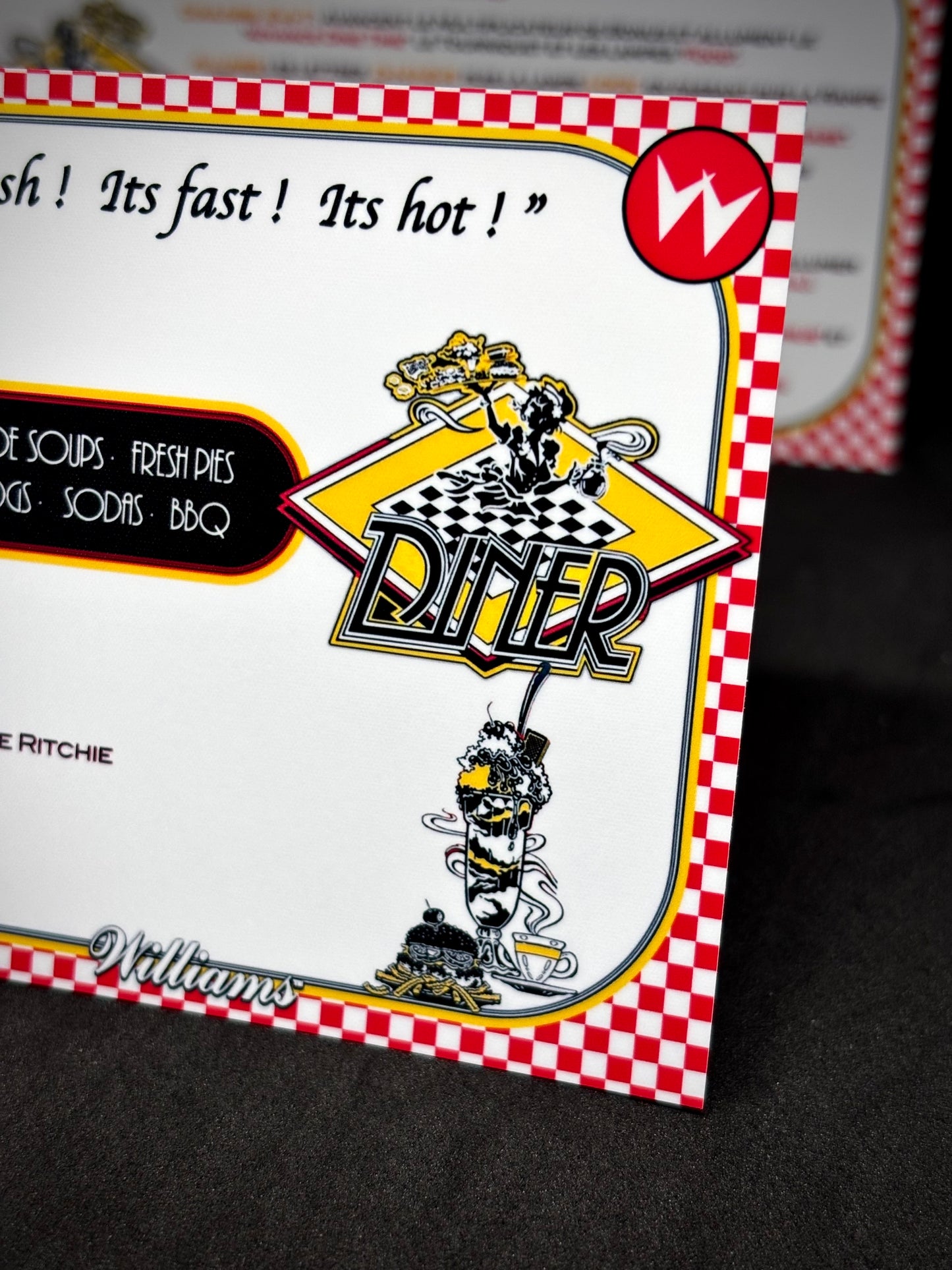 Instrucciones de las tarjetas del juego Williams Diner 1990, delantal personalizado de pinball, reglas impresas V2