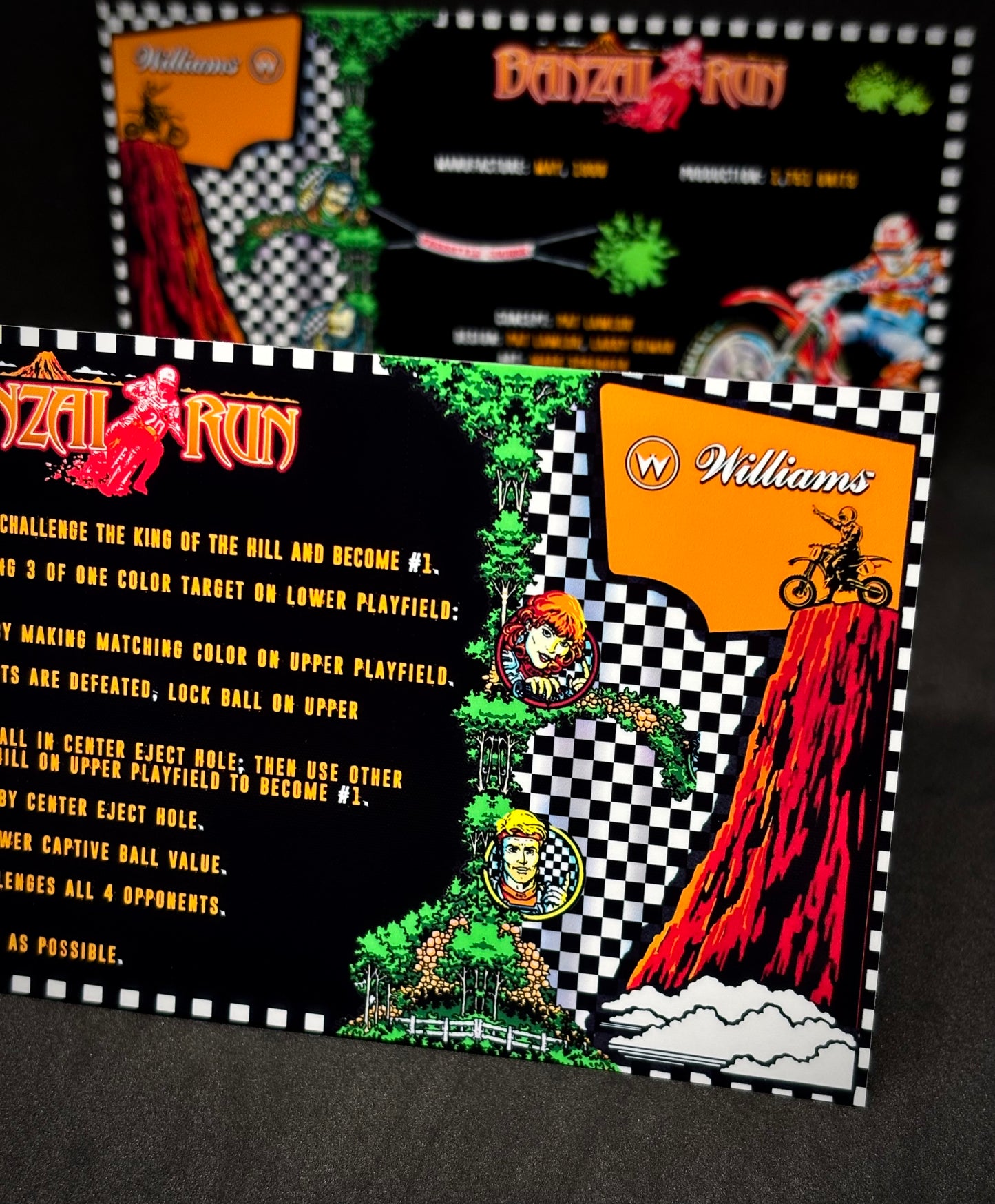 Williams Banzai Run 1988 Jeu Cartes Instructions Flipper Custom Apron règles imprimées