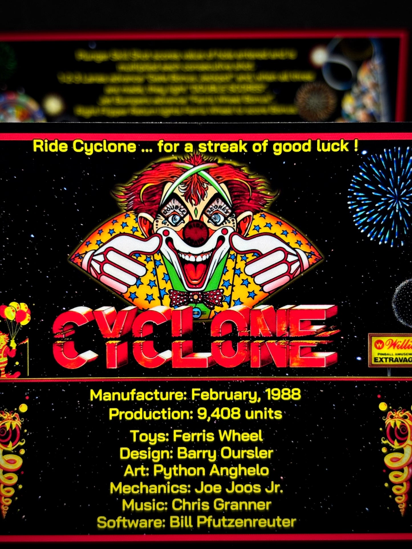 Instrucciones de las tarjetas del juego Williams Cyclone 1988, delantal personalizado de pinball, reglas impresas