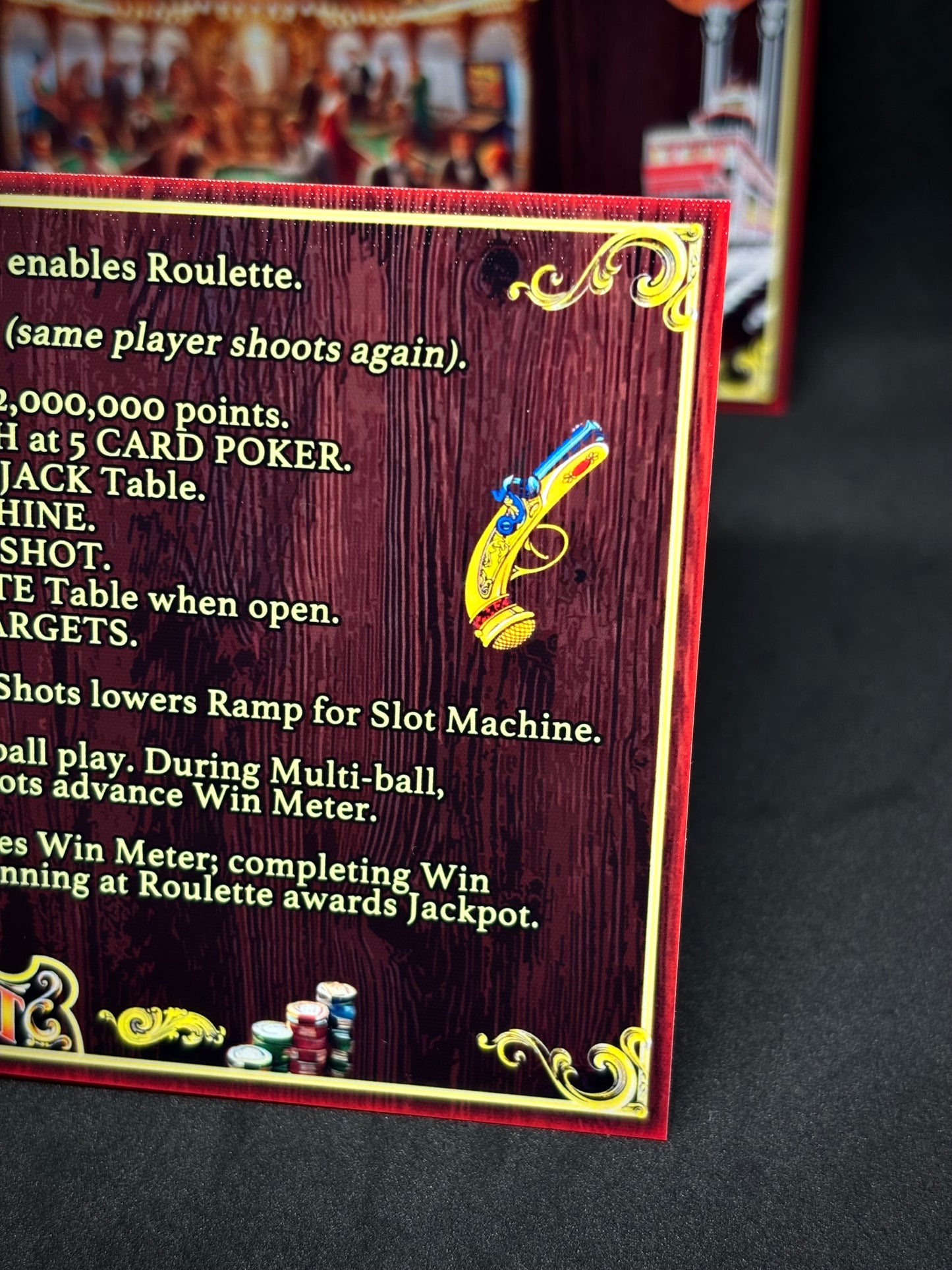 Instrucciones de las tarjetas del juego Williams Riverboat Gambler de 1990, máquina de pinball, delantal personalizado, reglas impresas V1