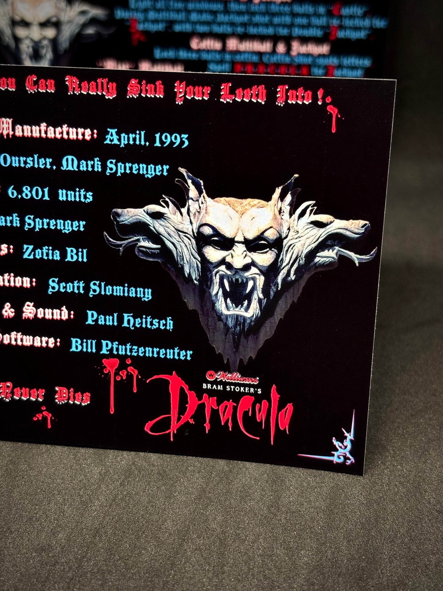 Williams Bram Stokers Dracula 1993 Game Cards Instructions Flipper Custom Apron Printed Rules V2