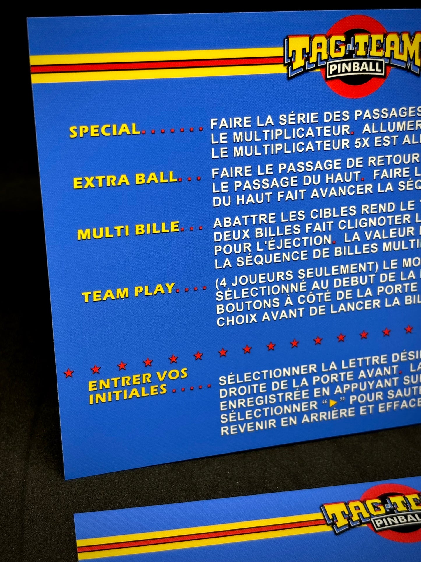 Premier Gottlieb Tag Team Pinball 1985 Jeu Cartes Instructions Flipper Custom Apron règles imprimées V1