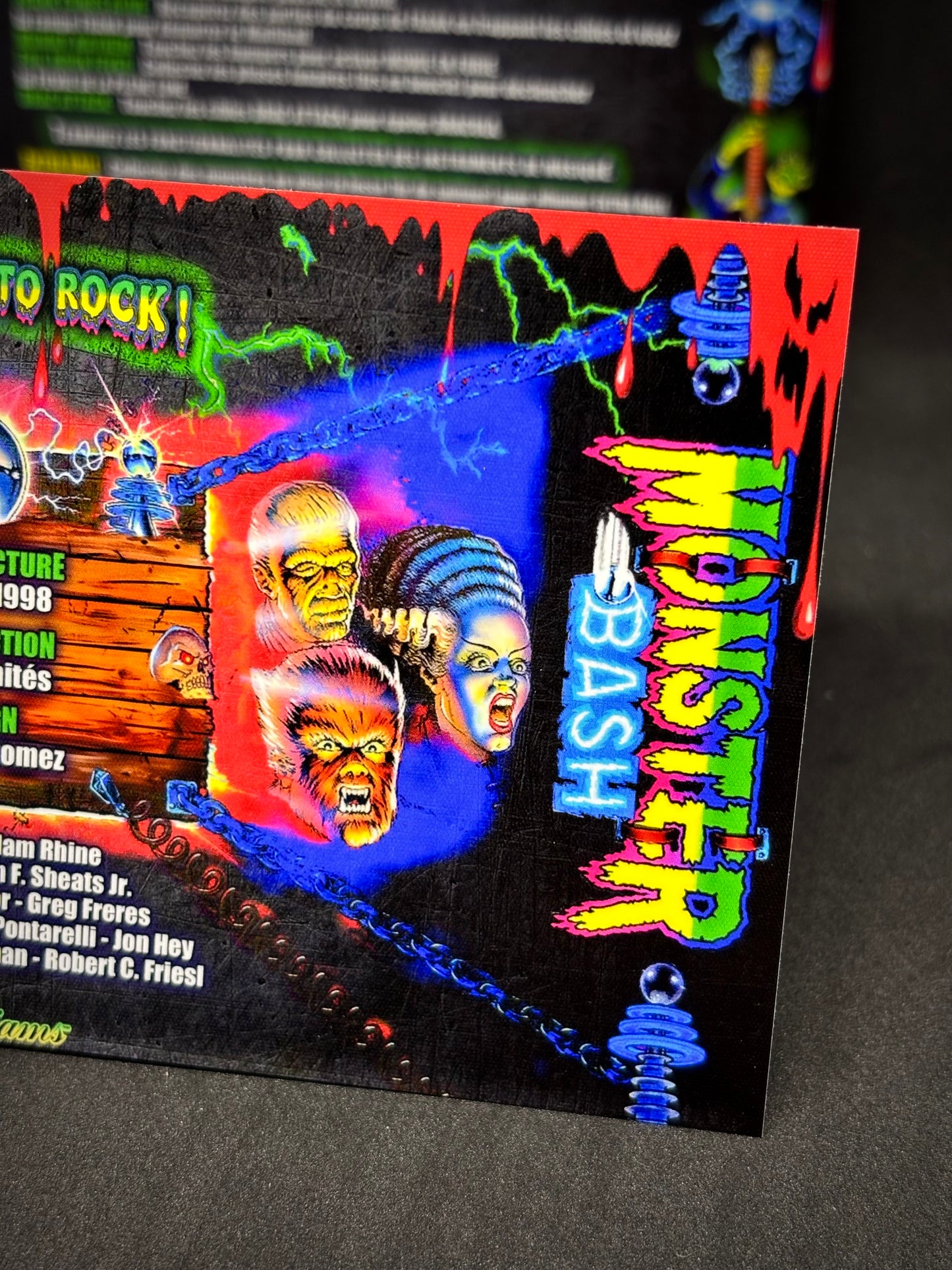 Williams Monster Bash 1998 Jeu Cartes Instructions Flipper Custom Apron règles imprimées V1