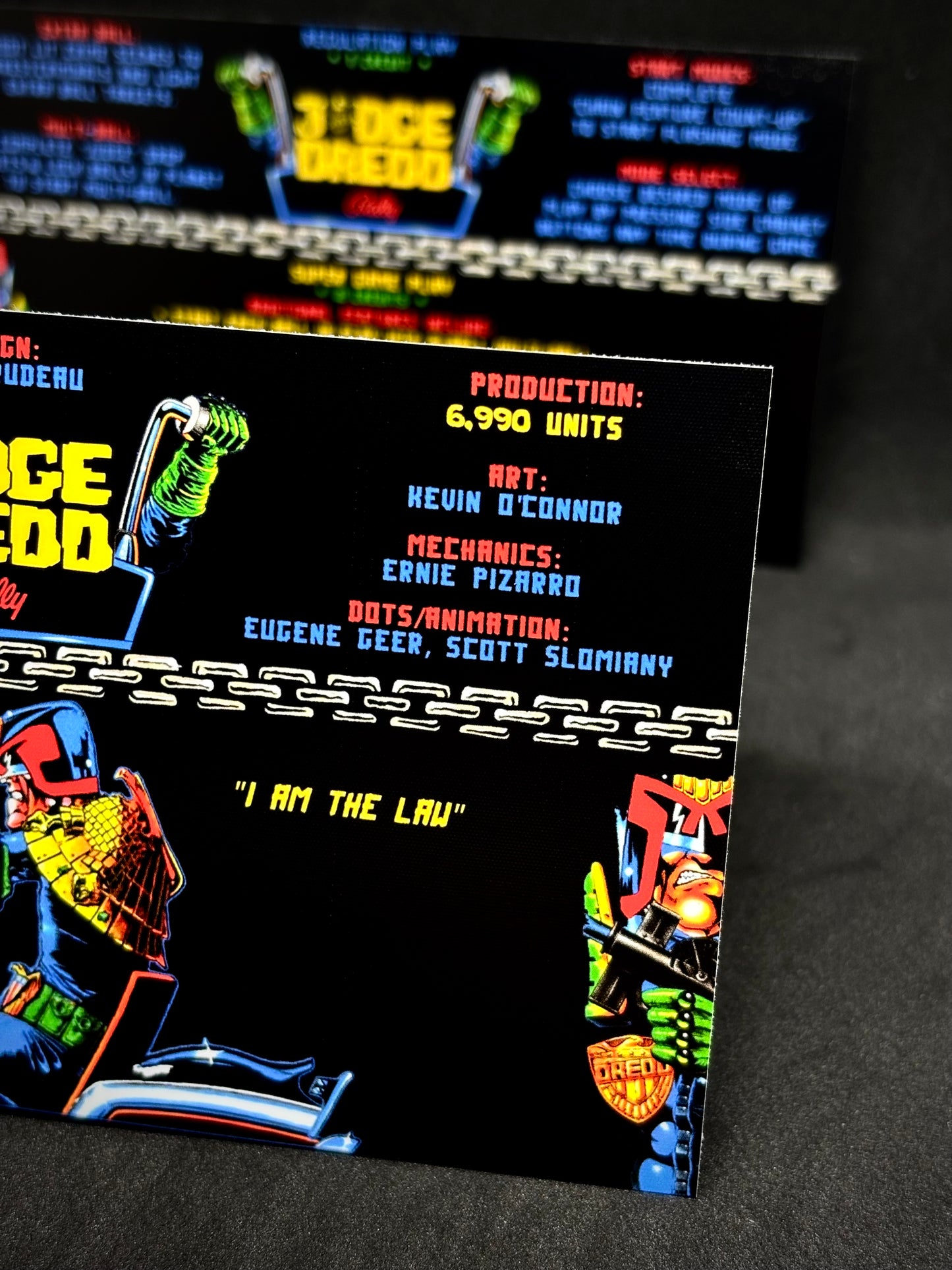 Instrucciones de las tarjetas del juego Bally JUDGE DREDD 1993, delantal personalizado de pinball, reglas impresas V1