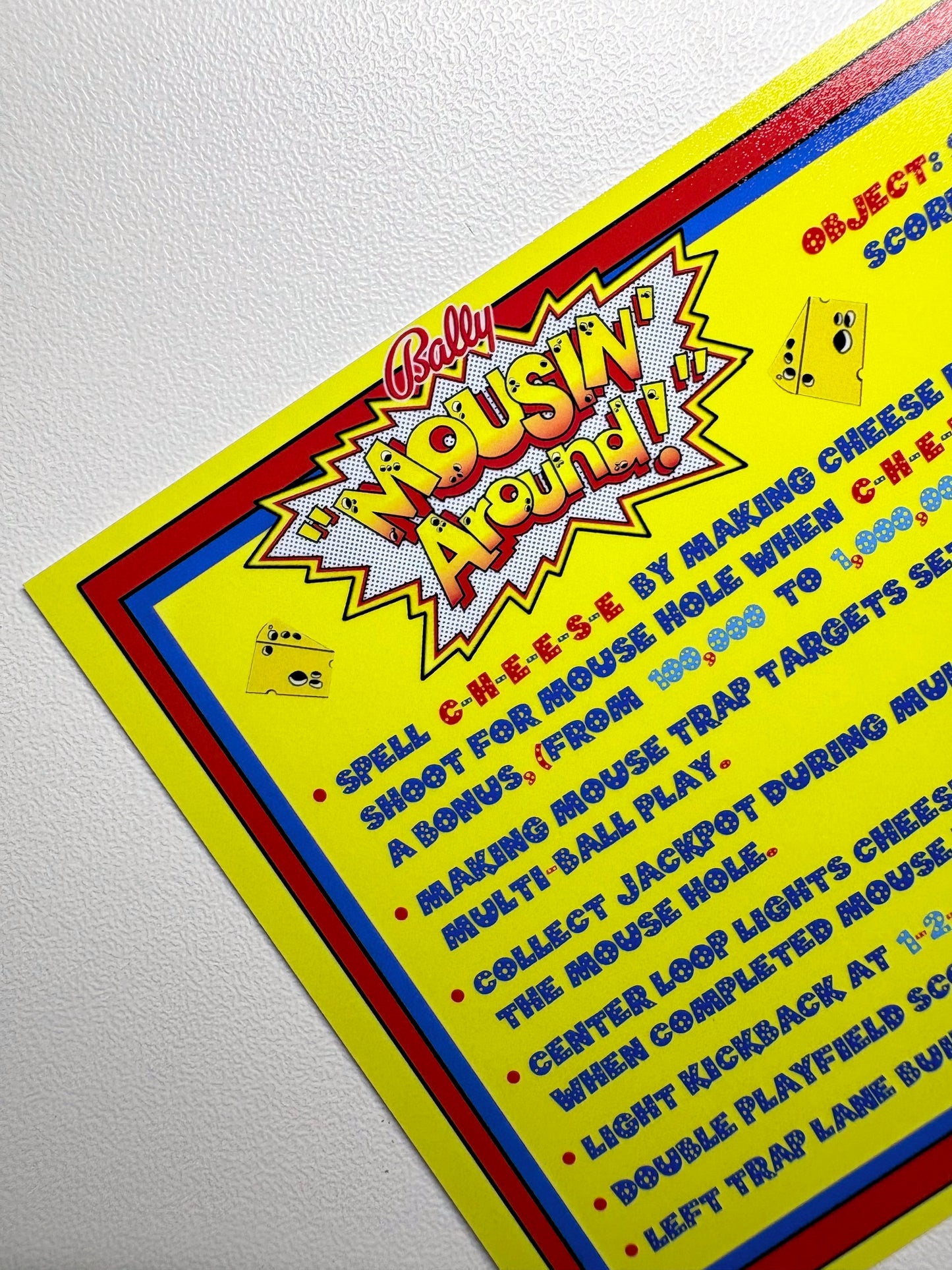 Bally Mousin Around 1989 Game Cards Instructions Pinball Custom Apron Printed Rules