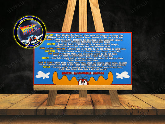 Data East THE ADVENTURES OF ROCKY AND BULLWINKLE AND FRIENDS 1993 Game Rule Cards Instructions Pinball Custom Apron V2