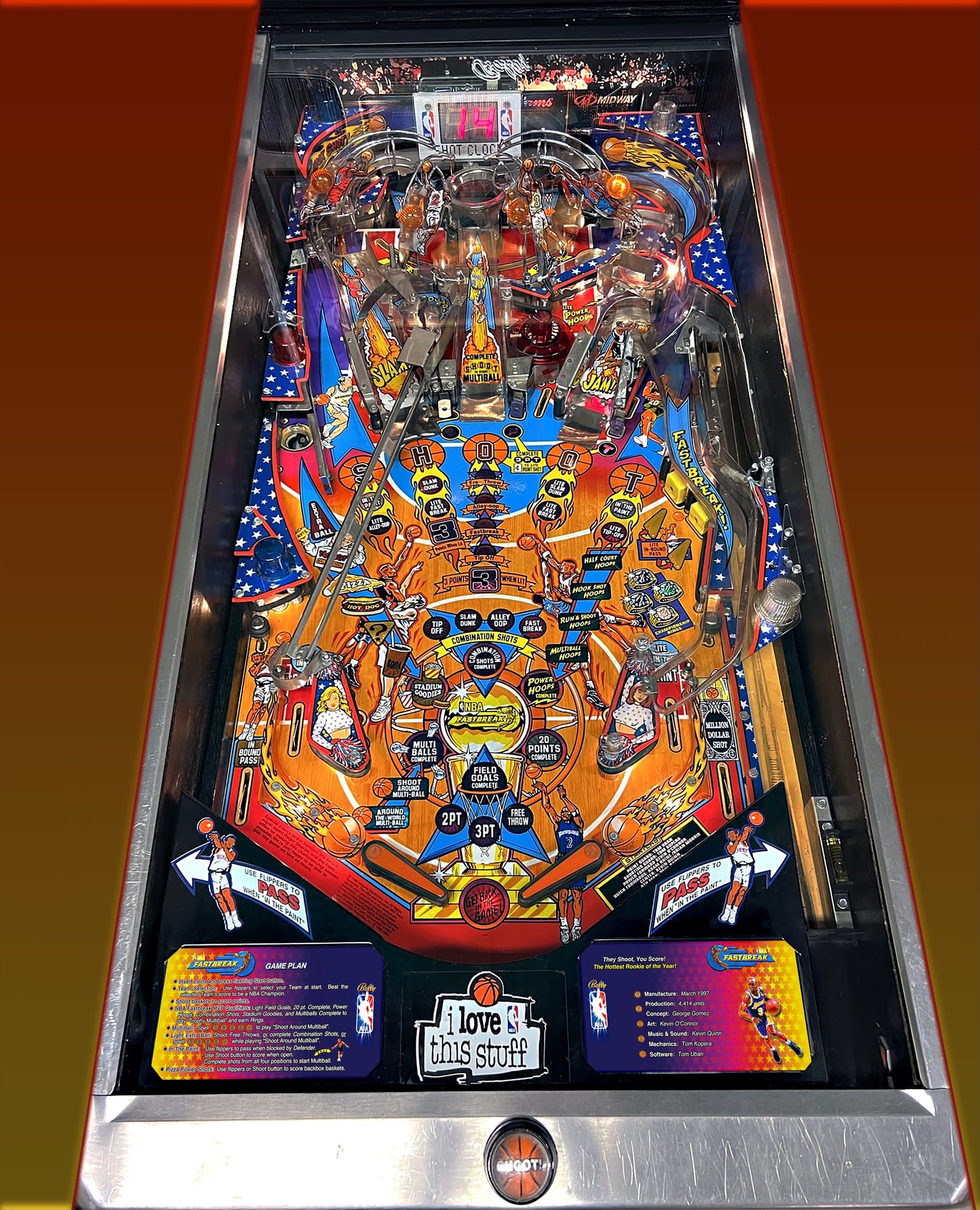 Bally NBA FASTBREAK 1997 Jeu Cartes Instructions Flipper Custom Apron règles imprimées V1