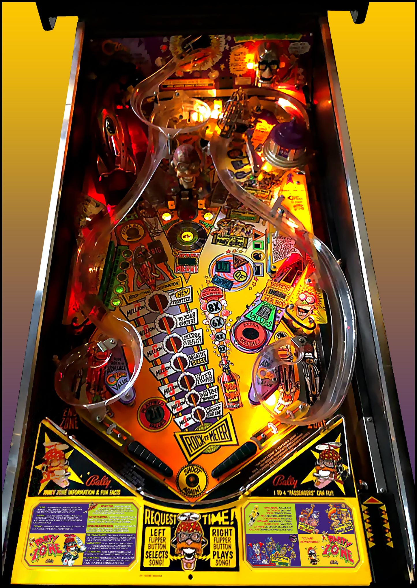 Instrucciones de las tarjetas del juego Bally Party Zone 1991, delantal personalizado de pinball, reglas impresas V1