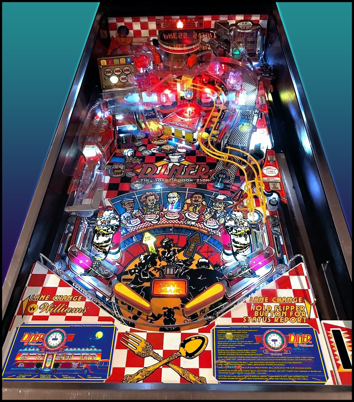 Instrucciones de las tarjetas del juego Williams Diner 1990, delantal personalizado de pinball, reglas impresas V1