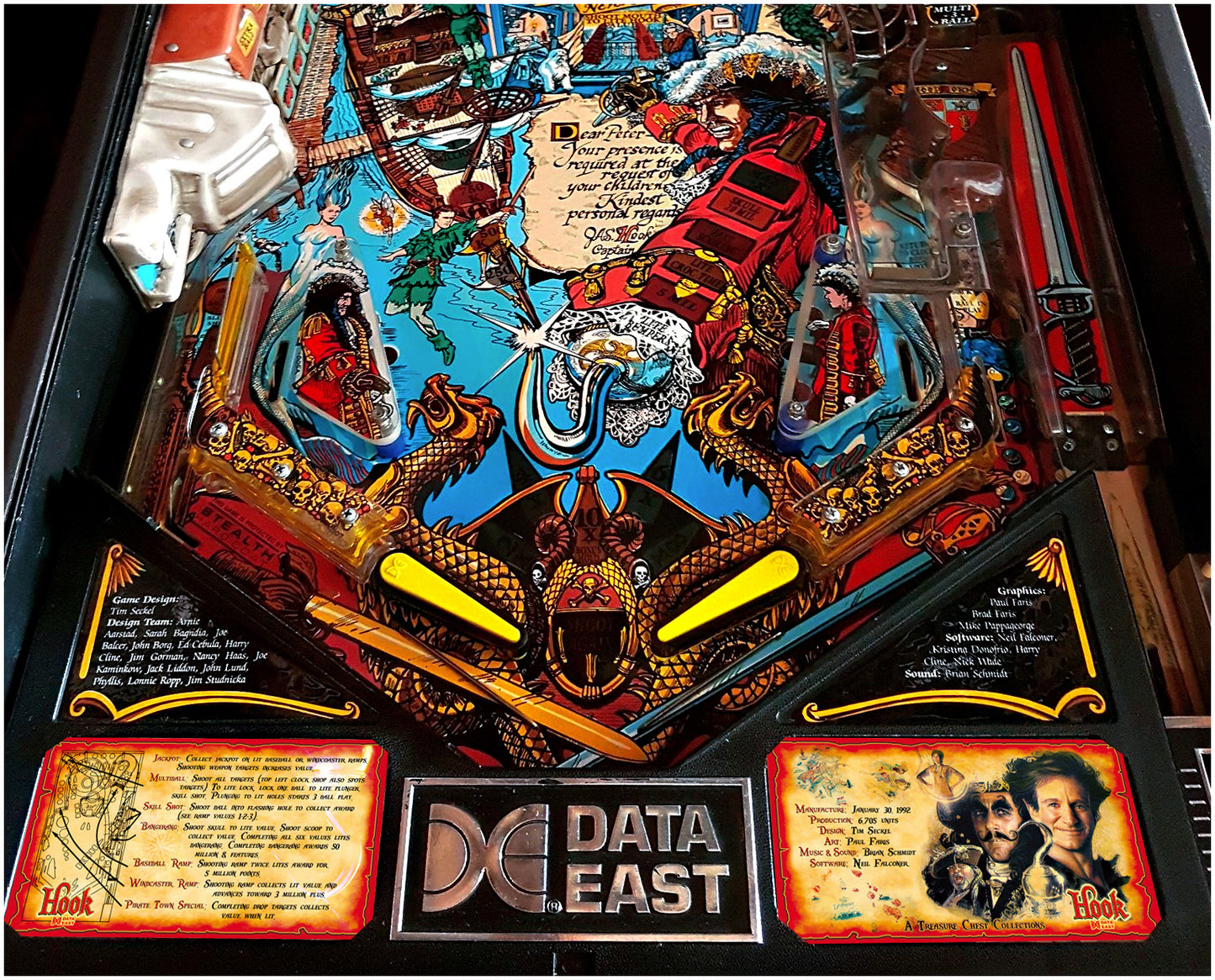 Instrucciones de las tarjetas del juego Data East Hook 1992, versión Pinball 2: tarjetas de pinball personalizadas con impresión personalizada.