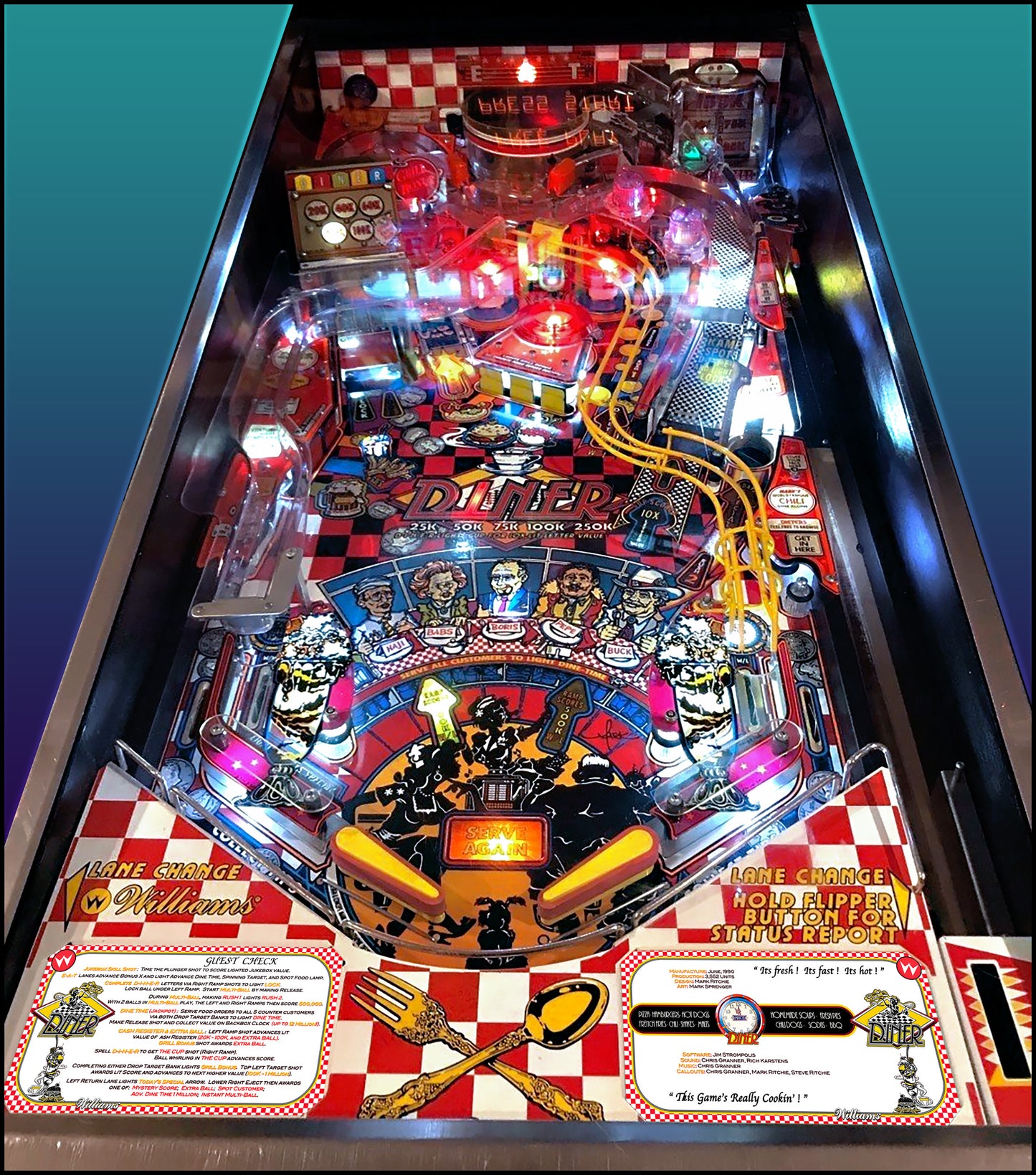 Instrucciones de las tarjetas del juego Williams Diner 1990, delantal personalizado de pinball, reglas impresas V2