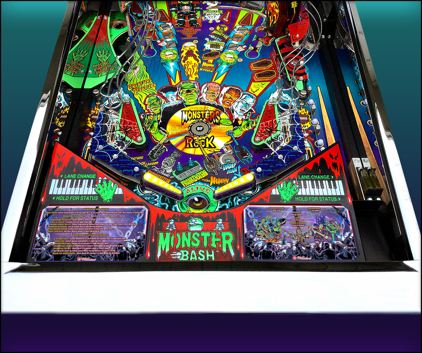 Instrucciones de las tarjetas del juego Williams Monster Bash 1998, delantal personalizado de pinball, reglas impresas (versión 2)