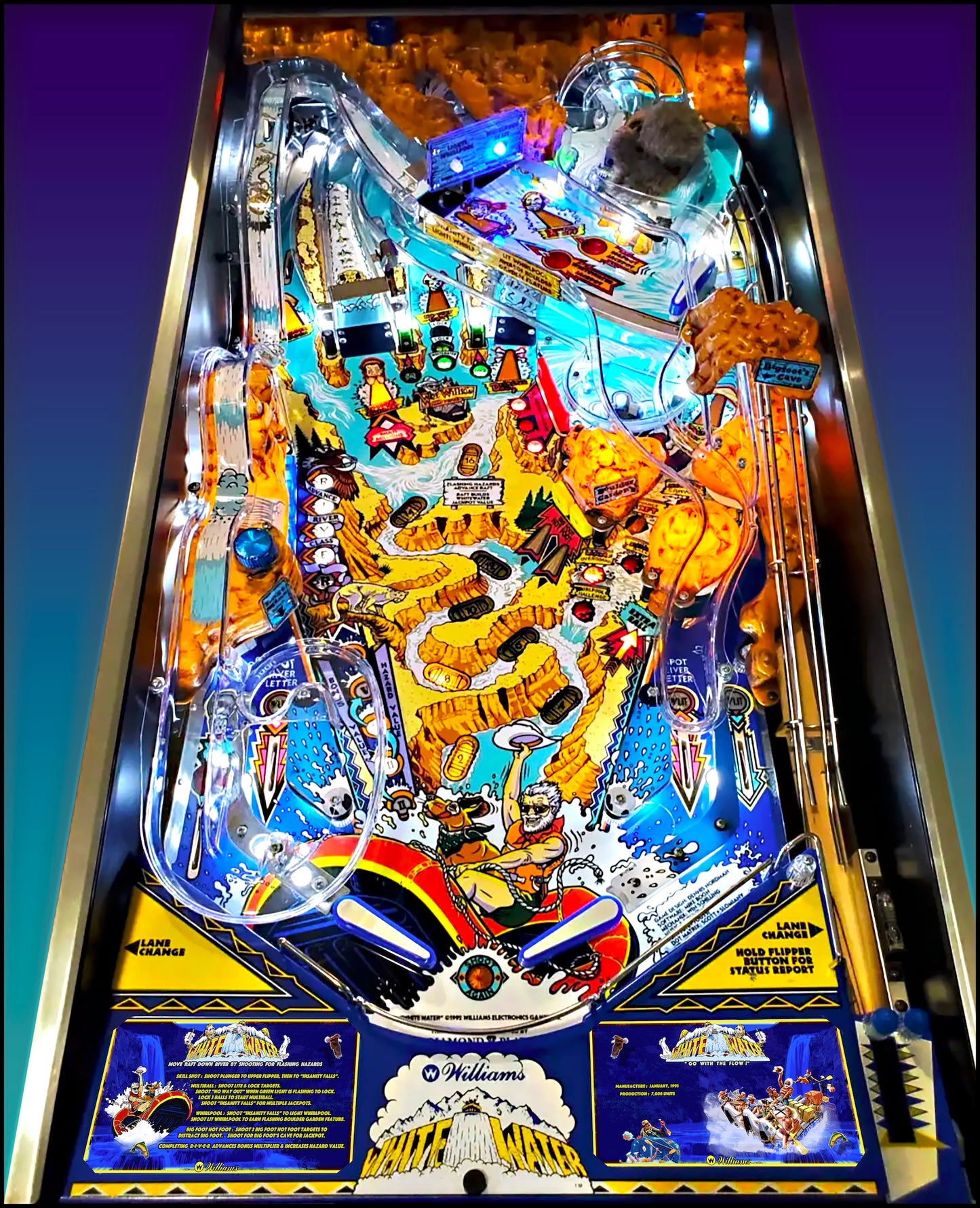 Instrucciones de las tarjetas del juego Williams White Water 1993, delantal personalizado de pinball, reglas impresas V2