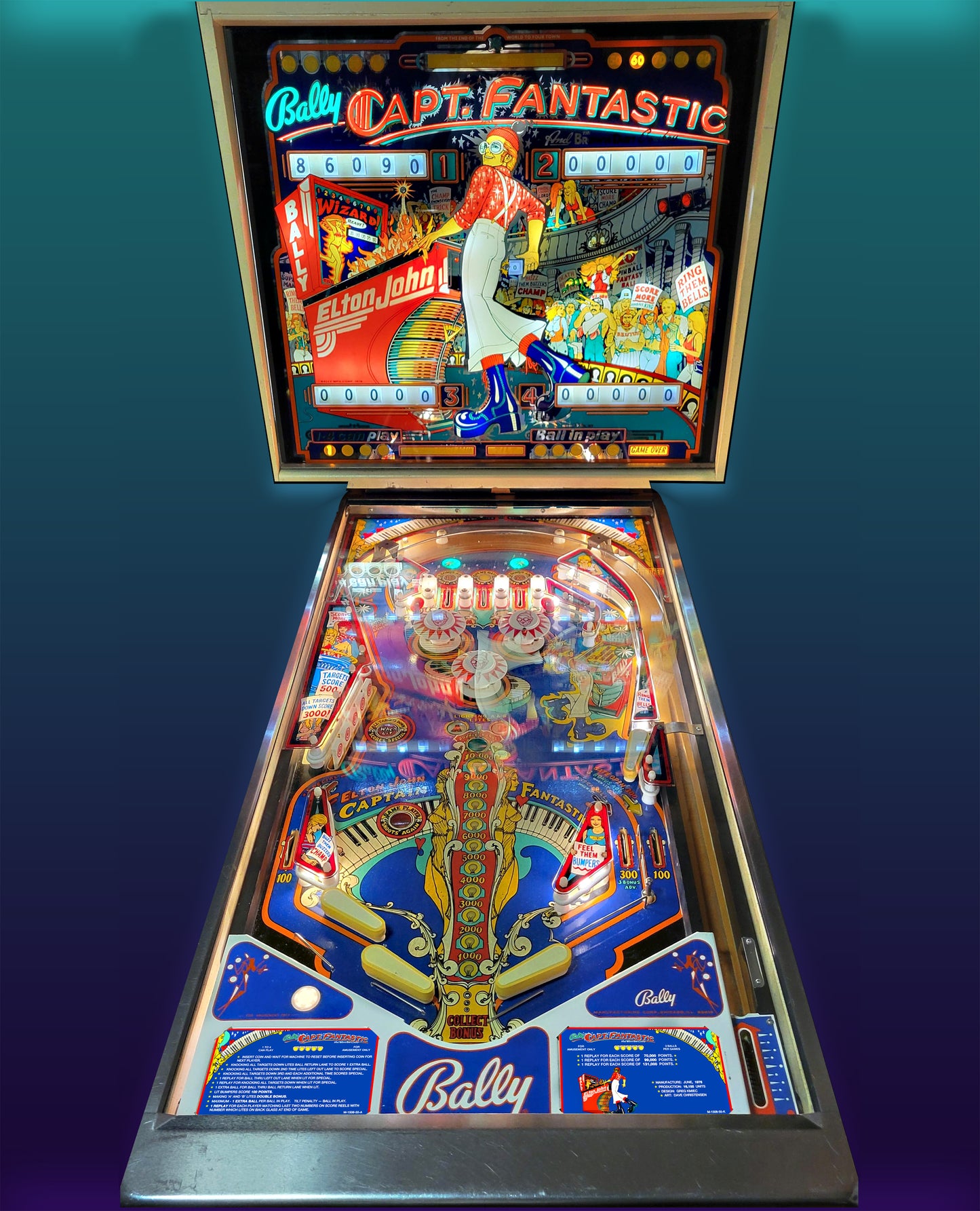 Bally Captain Fantastic 1976 Jeu Cartes Instructions Flipper Custom Apron règles imprimées