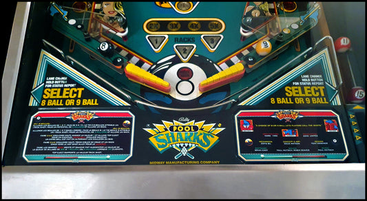Instrucciones de las tarjetas de juego Bally POOL SHARKS 1990 Delantal personalizado de pinball con reglas impresas
