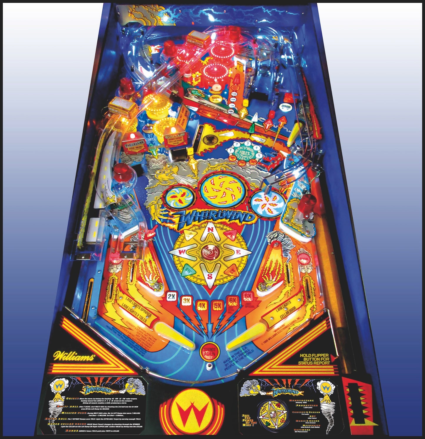 Instrucciones de las tarjetas del juego Williams Whirlwind 1990, máquina de pinball, delantal personalizado, reglas impresas BK