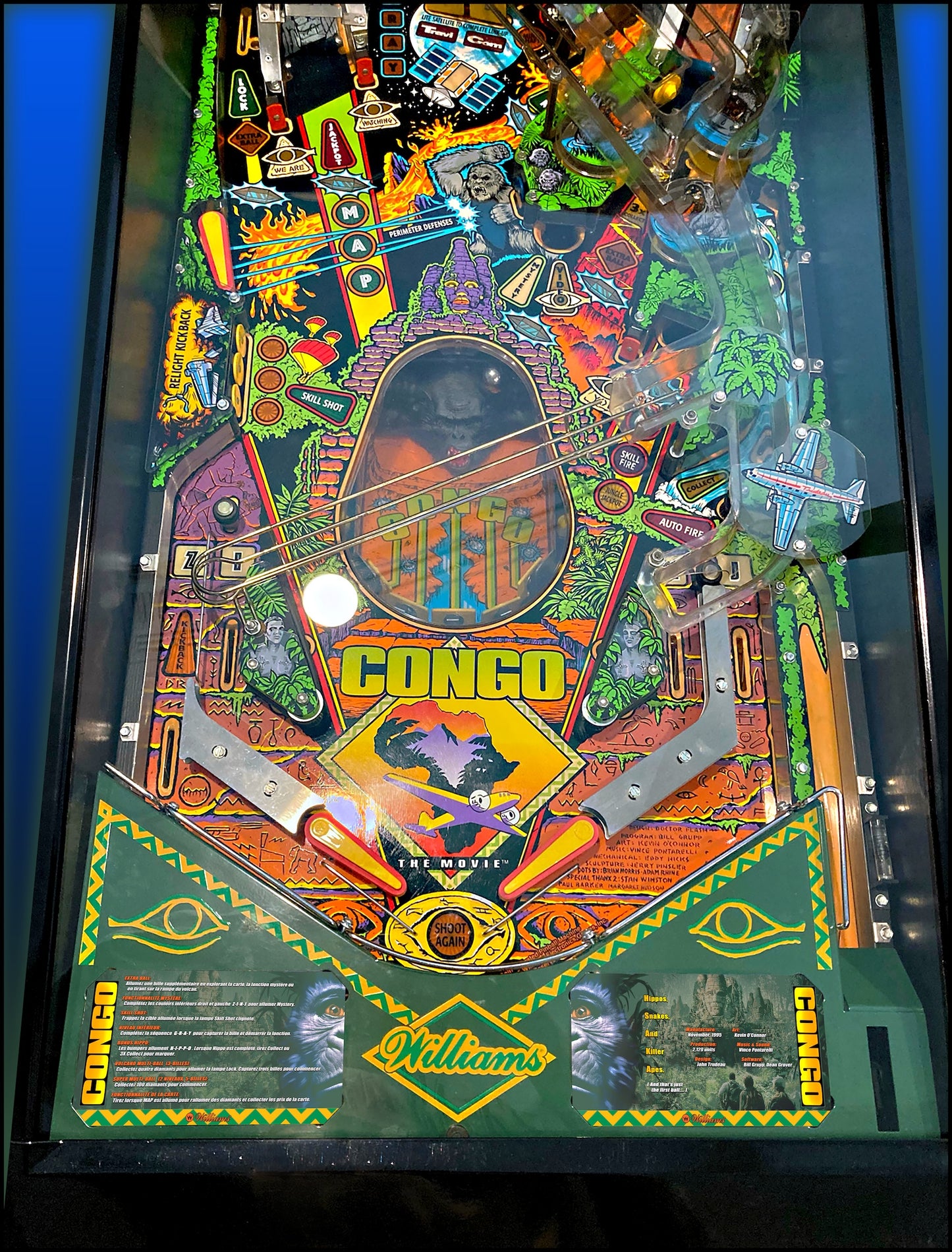 Instrucciones de las tarjetas de juego Williams CONGO 1995 Pinball Delantal personalizado reglas impresas