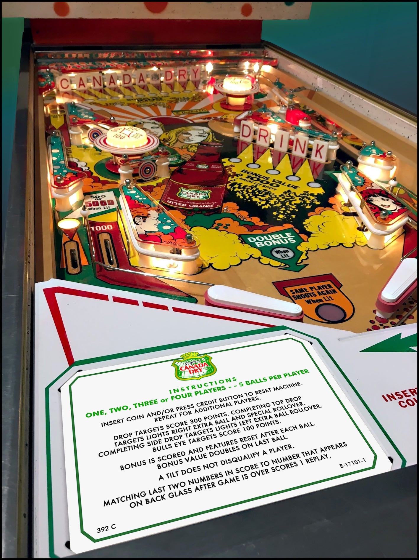 Instrucciones de las tarjetas de juego Gottlieb Canada Dry 1976, delantal personalizado Flipper, reglas impresas