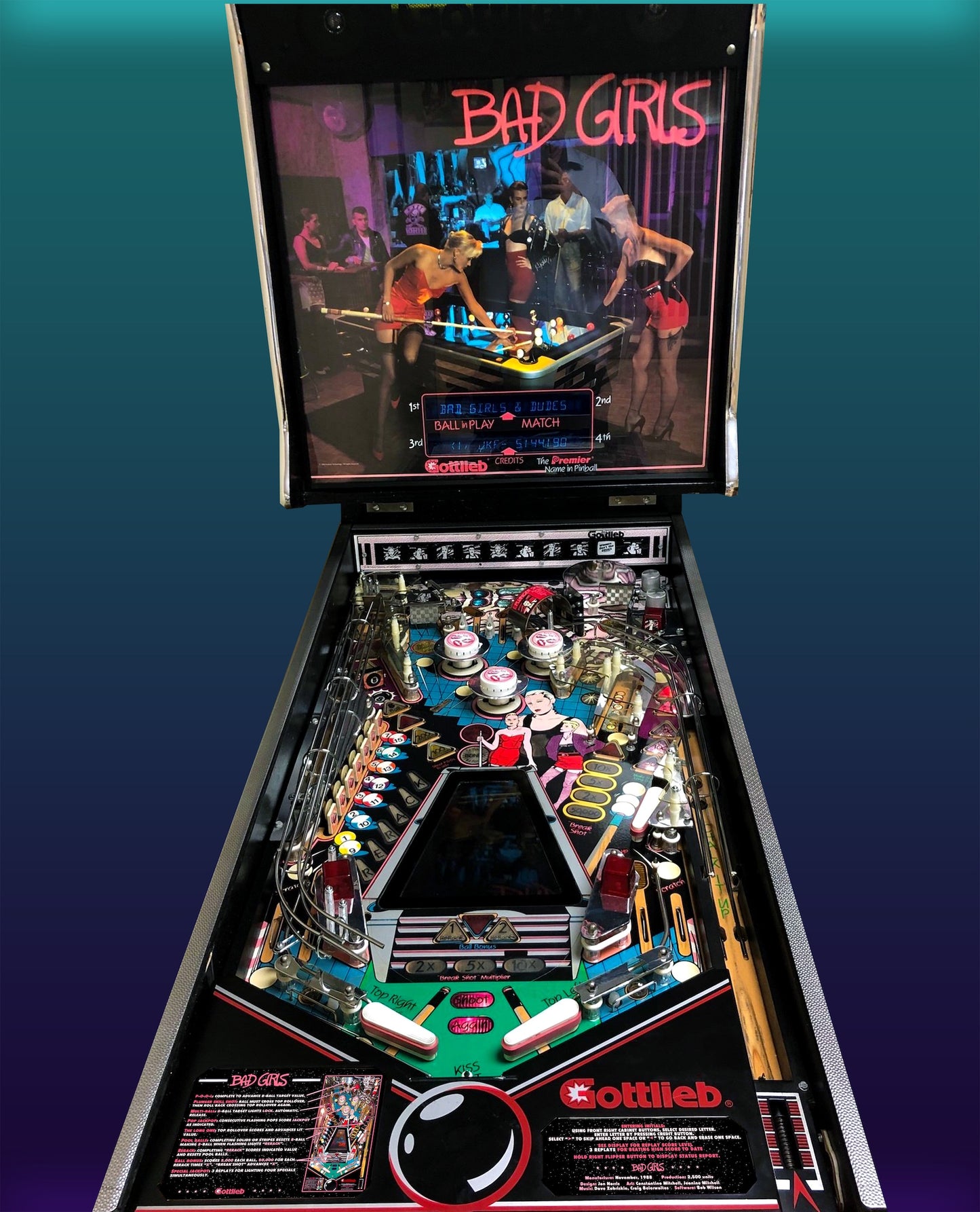 Instrucciones de las tarjetas del juego Gottlieb Bad Girls 1988, tarjetas de pinball personalizadas con impresión de delantal